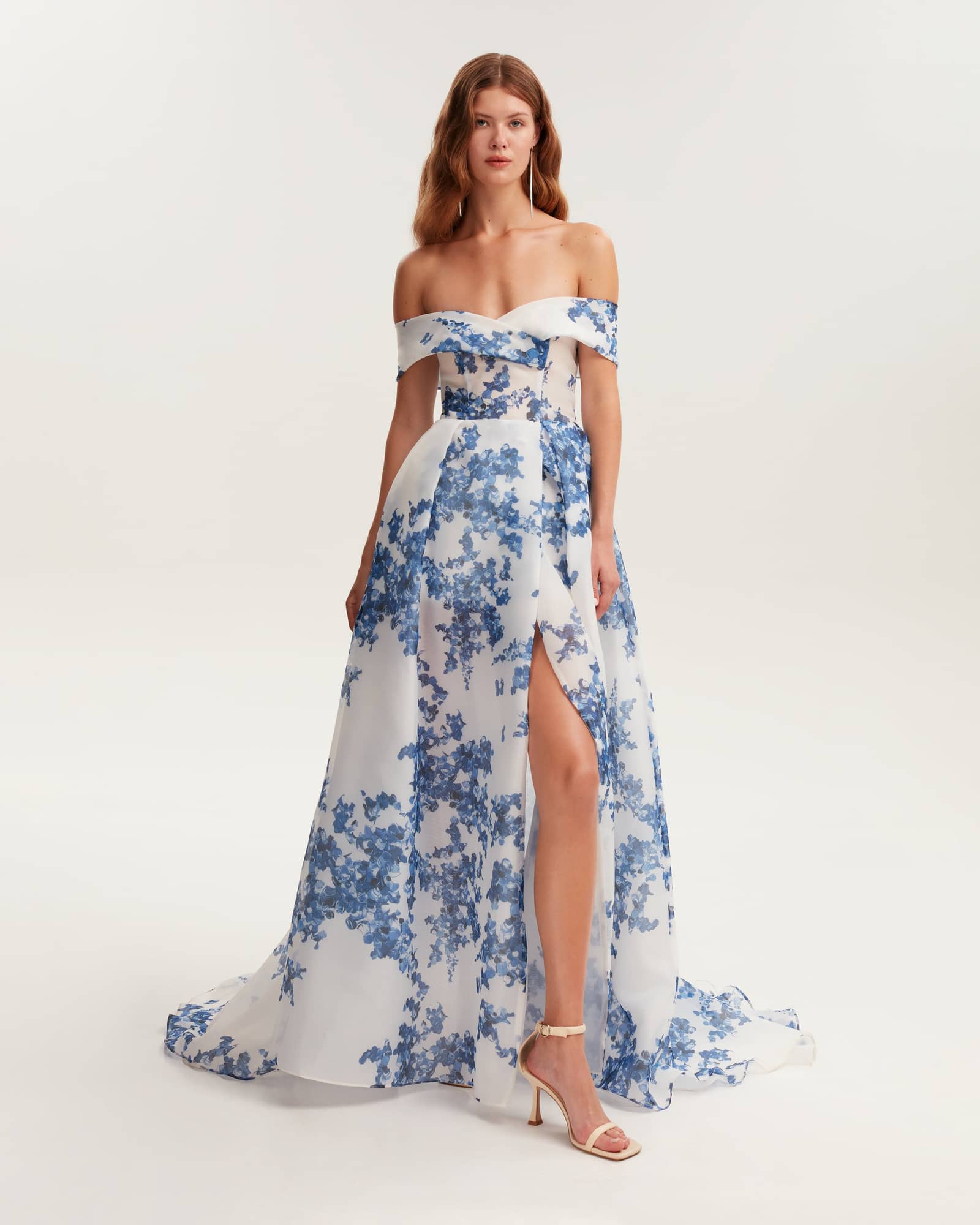 Catchy off-the-shoulder blue hydrangea maxi dress, Garden of Eden made by Milla