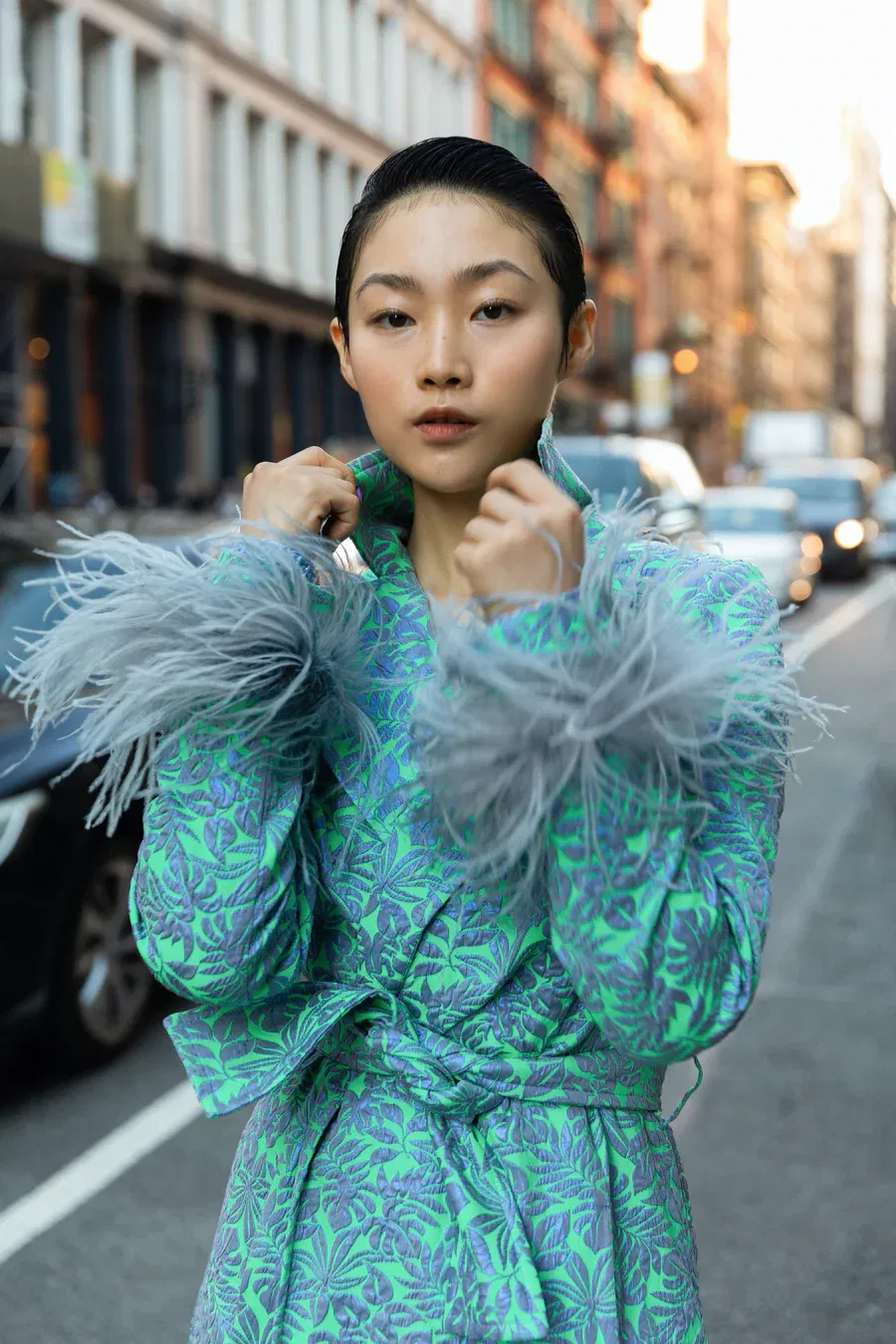 Green Jacqueline Coat №22 With Detachable Feathers Cuffs made by ANDREEVA