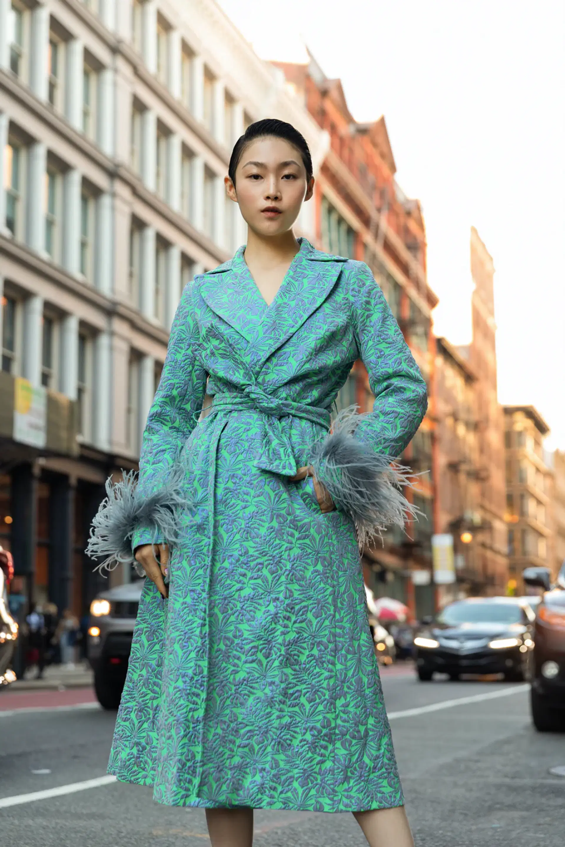 Green Jacqueline Coat №22 With Detachable Feathers Cuffs made by ANDREEVA