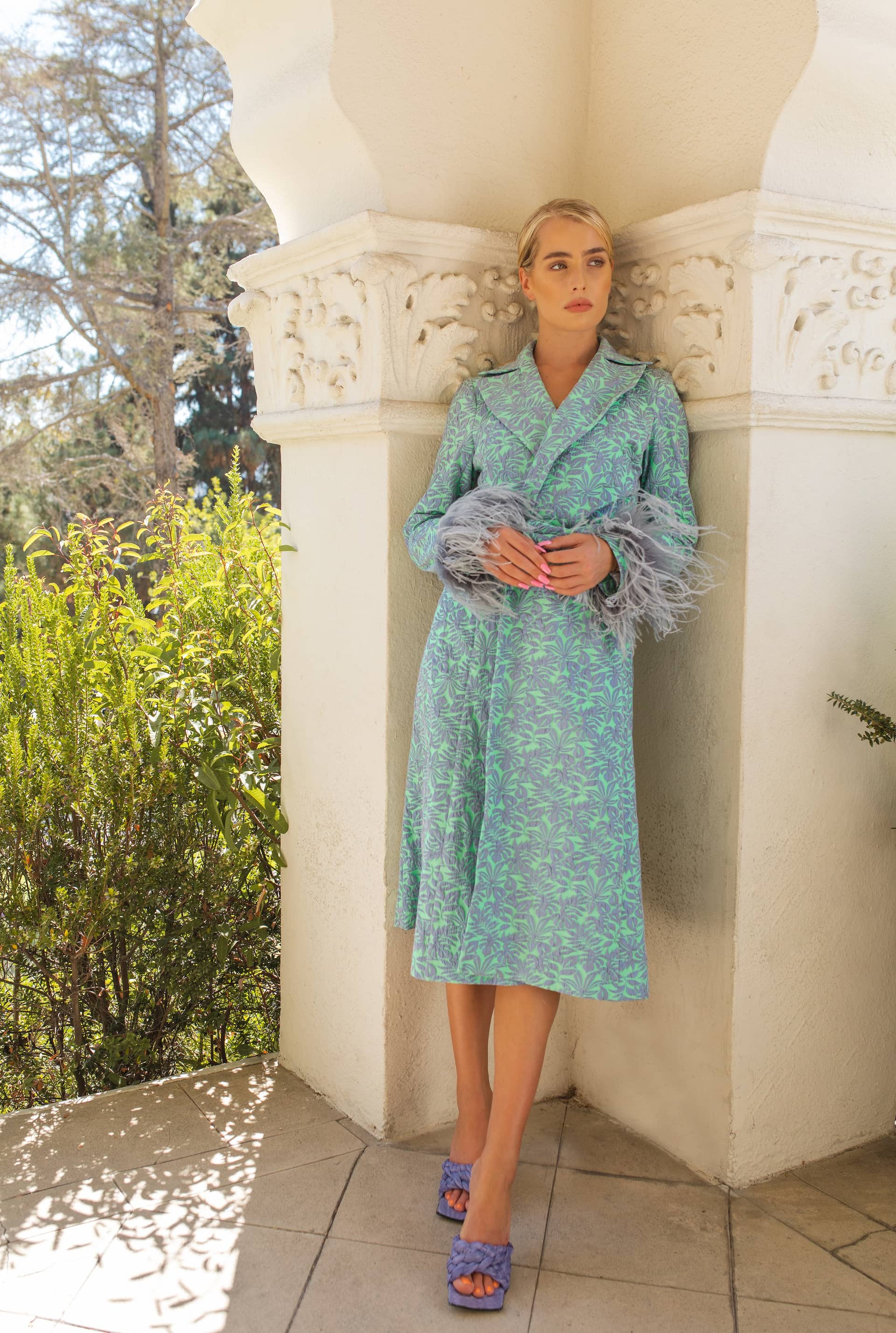 Green Jacqueline Coat №22 With Detachable Feathers Cuffs made by ANDREEVA