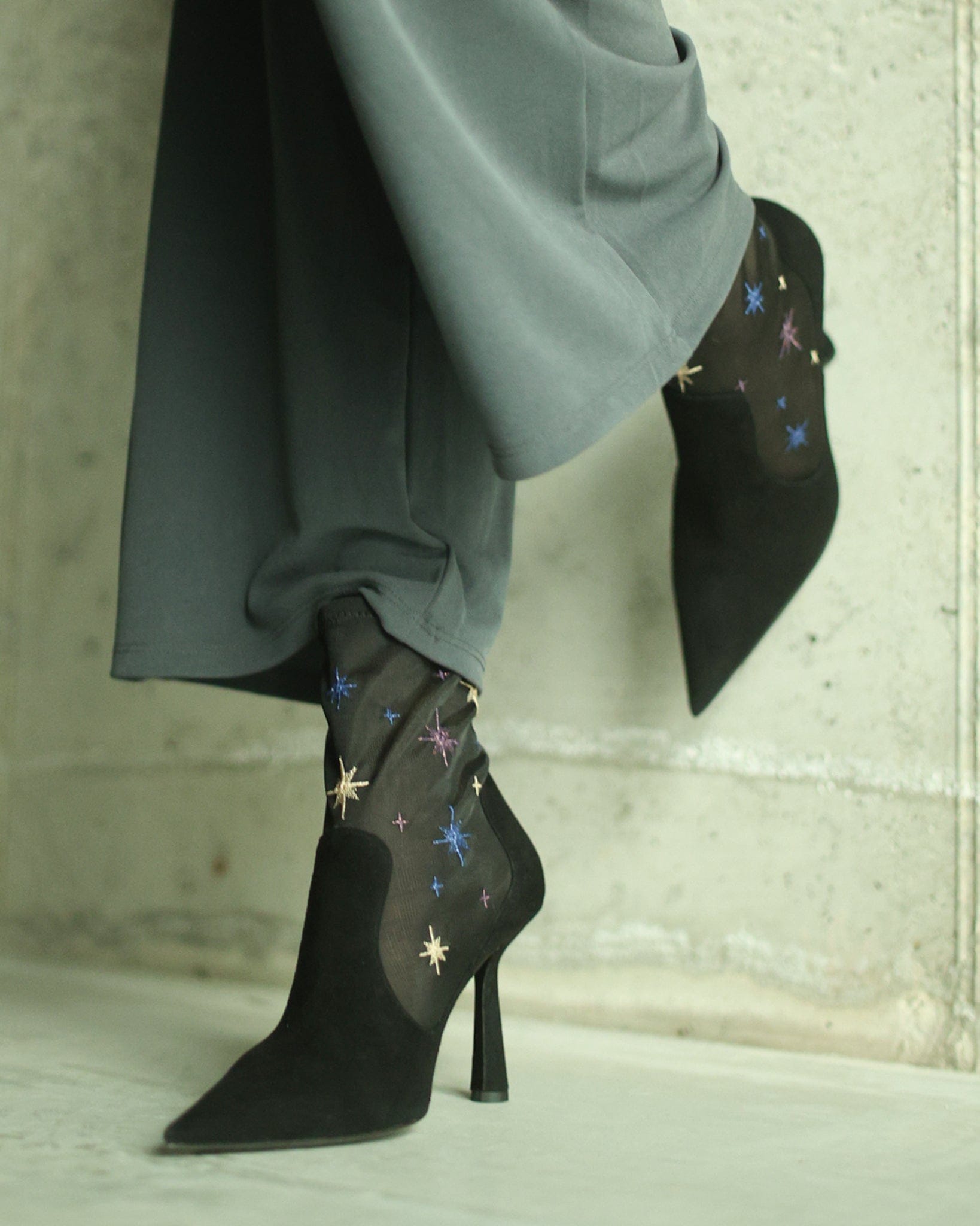 Anna Boot 95 Black Suede and Star Embroidery in Black made by ATANA