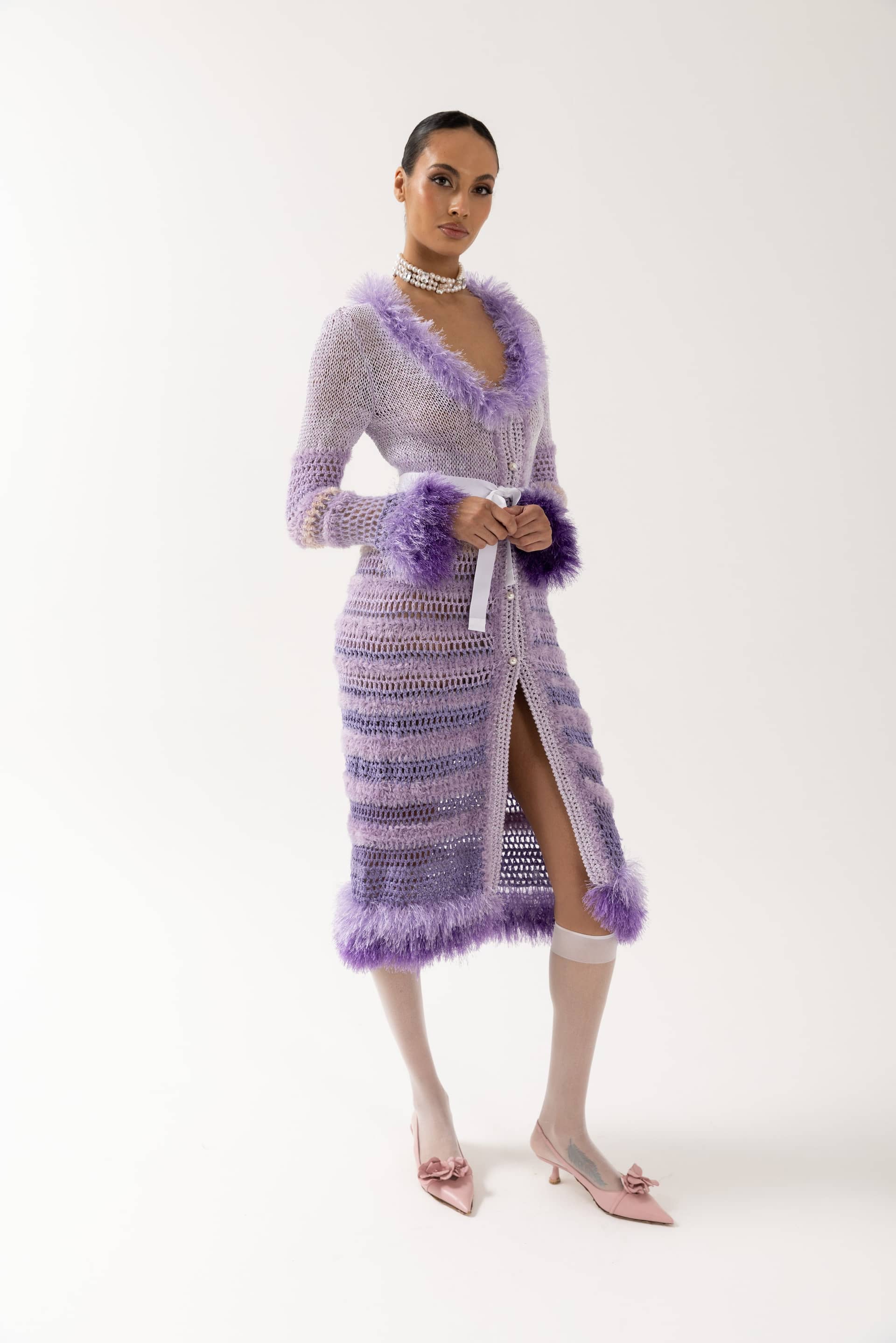 Purple Handmade Knit Cardigan-Dress made by ANDREEVA