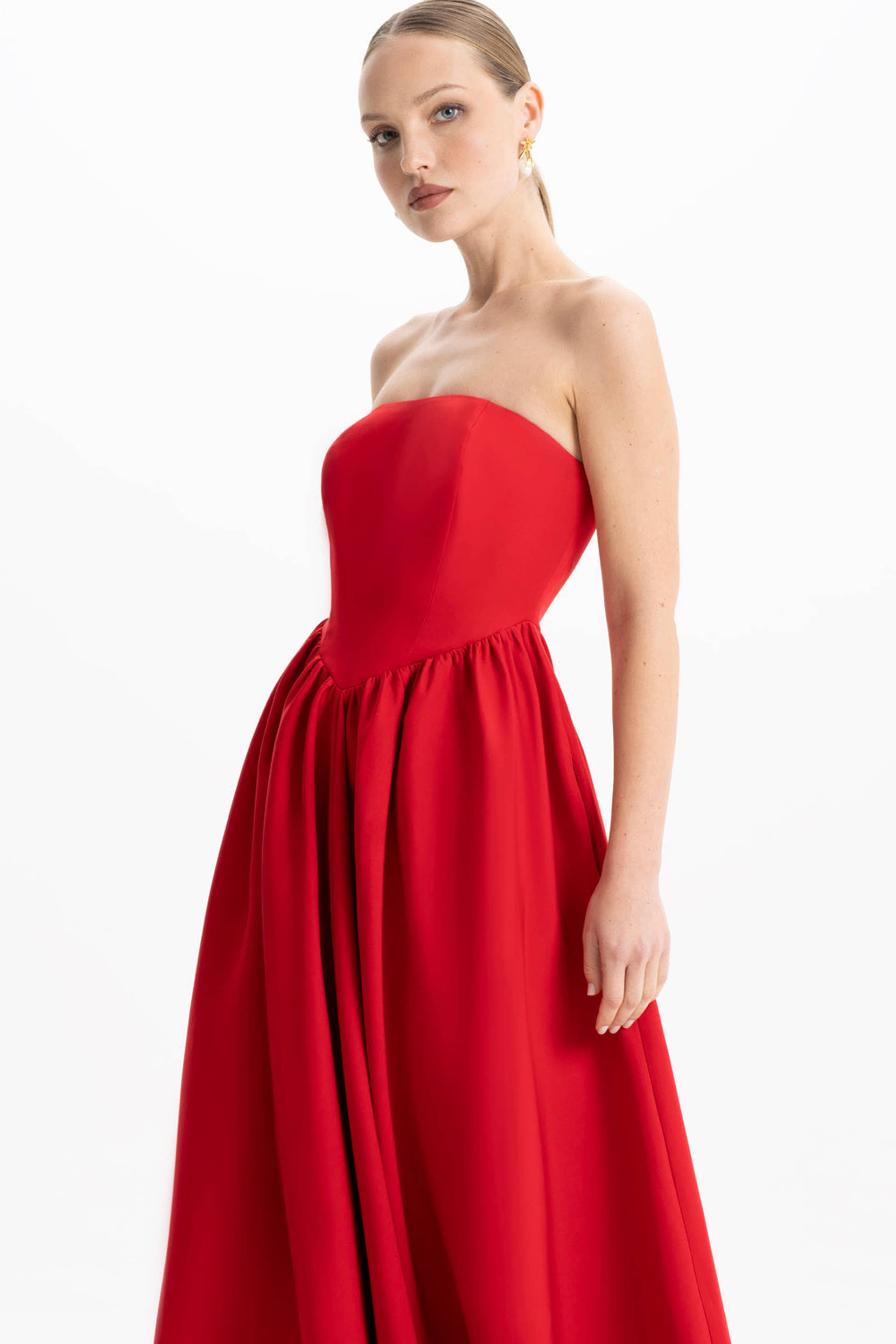 Eva Red Strapless Corset Midi Dress made by Lora Istanbul