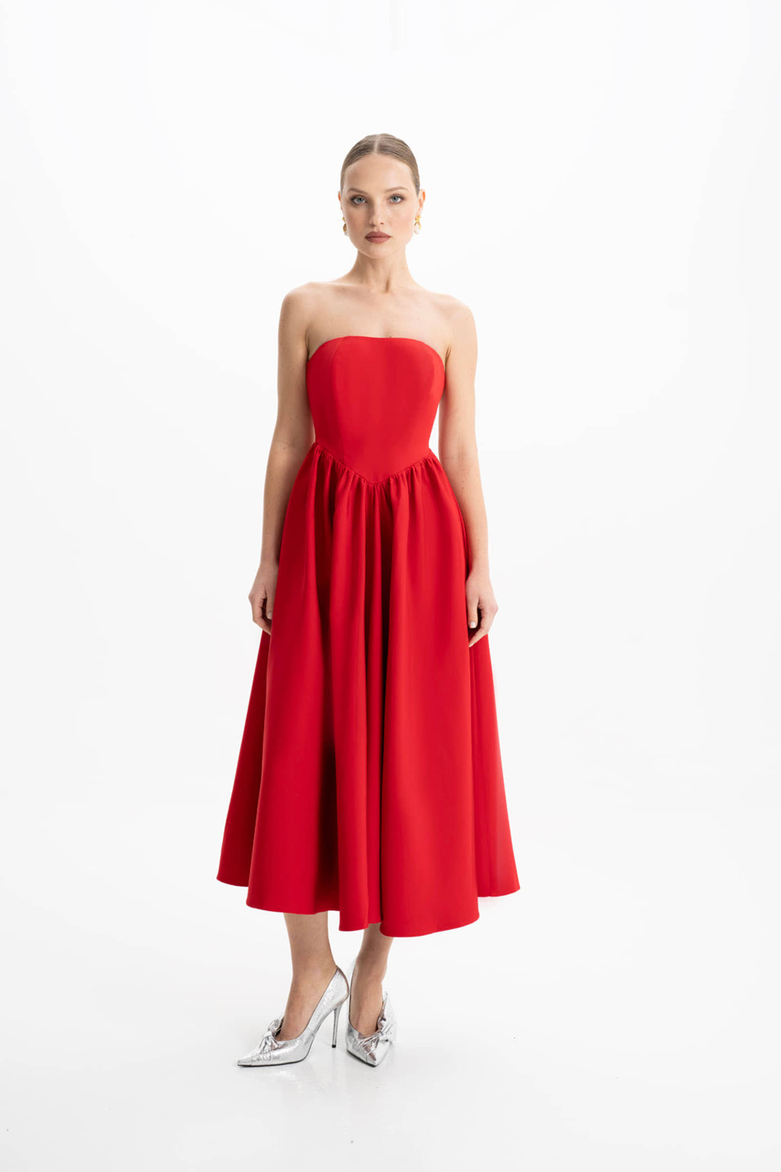Eva Red Strapless Corset Midi Dress made by Lora Istanbul