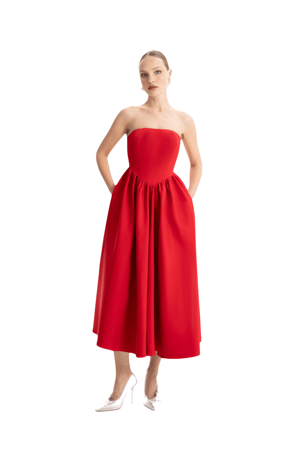Eva Red Strapless Corset Midi Dress made by Lora Istanbul
