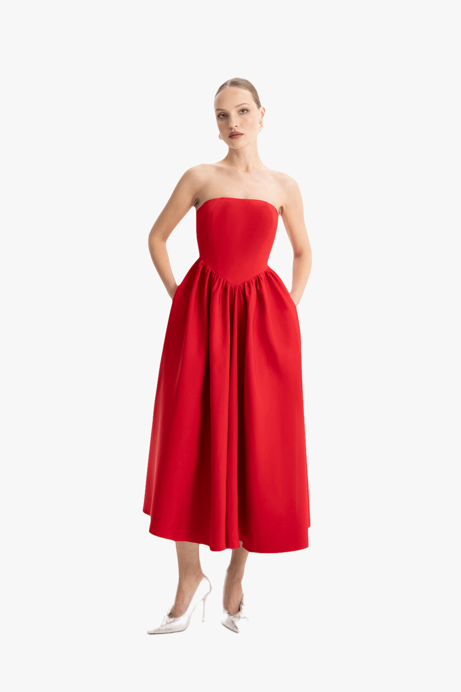 Eva Red Strapless Corset Midi Dress made by Lora Istanbul