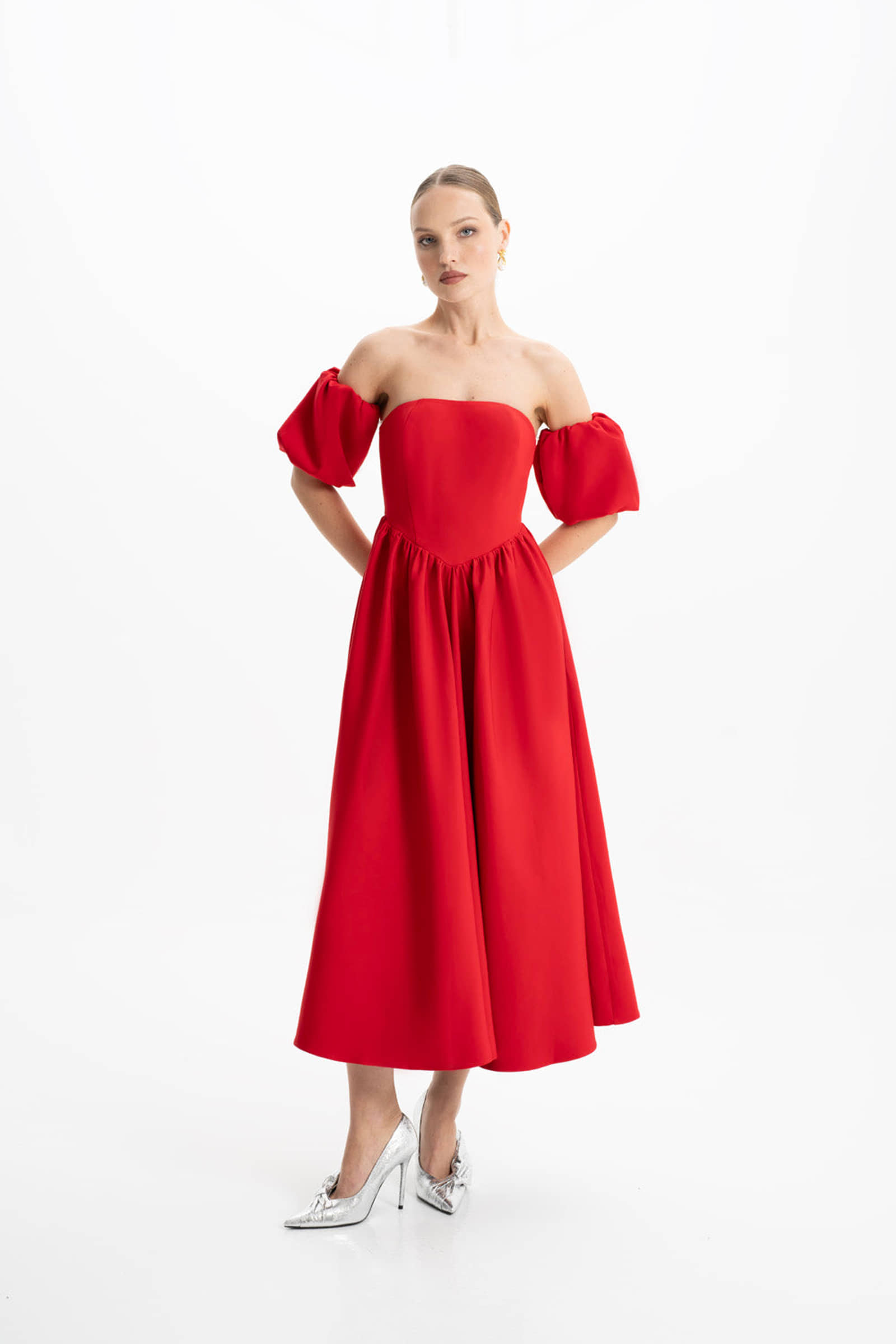 Eva Red Strapless Corset Midi Dress made by Lora Istanbul