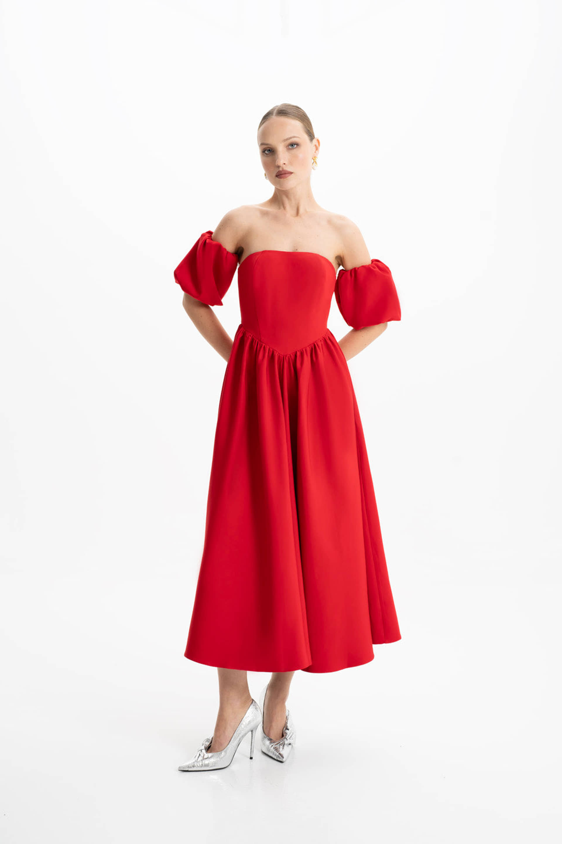 Eva Red Strapless Corset Midi Dress made by Lora Istanbul