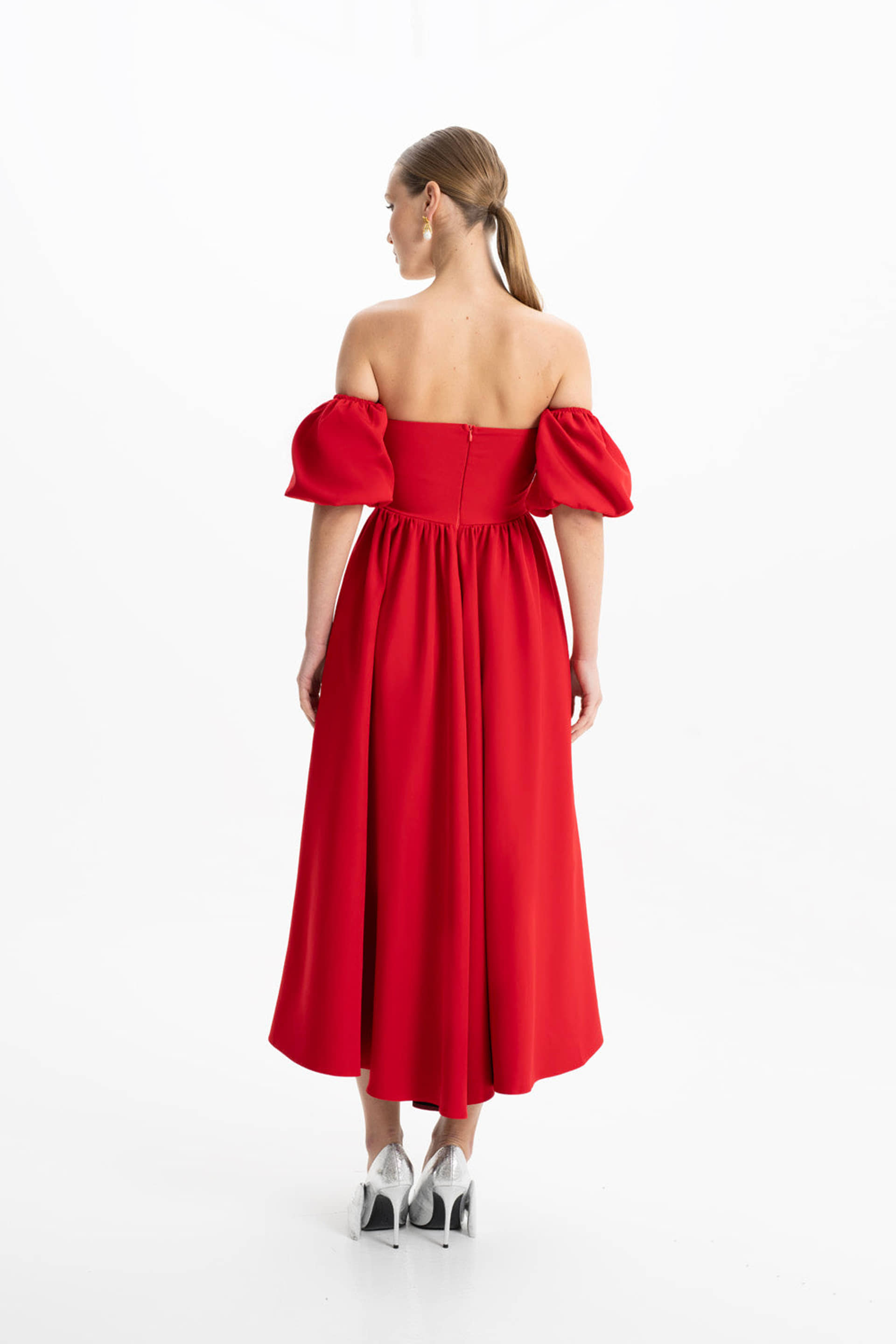 Eva Red Strapless Corset Midi Dress made by Lora Istanbul