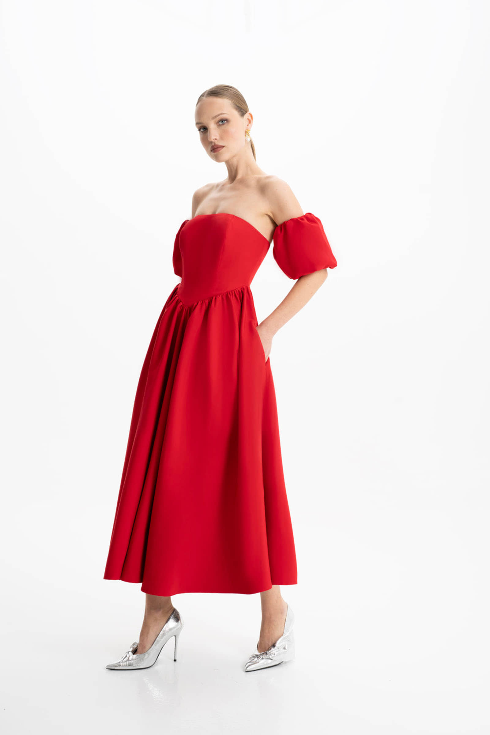 Eva Red Strapless Corset Midi Dress made by Lora Istanbul