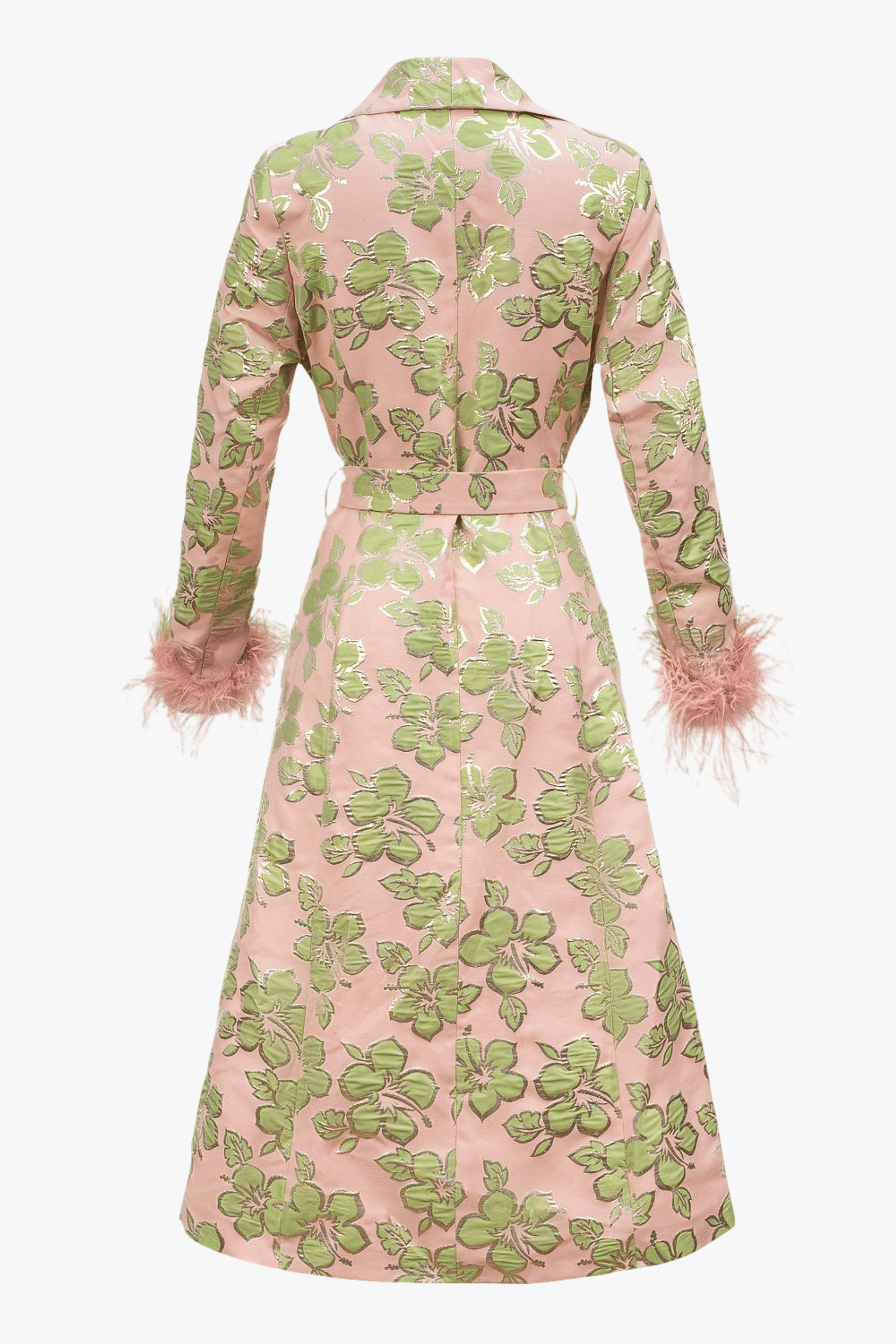 Pink Jacquard Coat №19 with detachable feather cuffs made by ANDREEVA