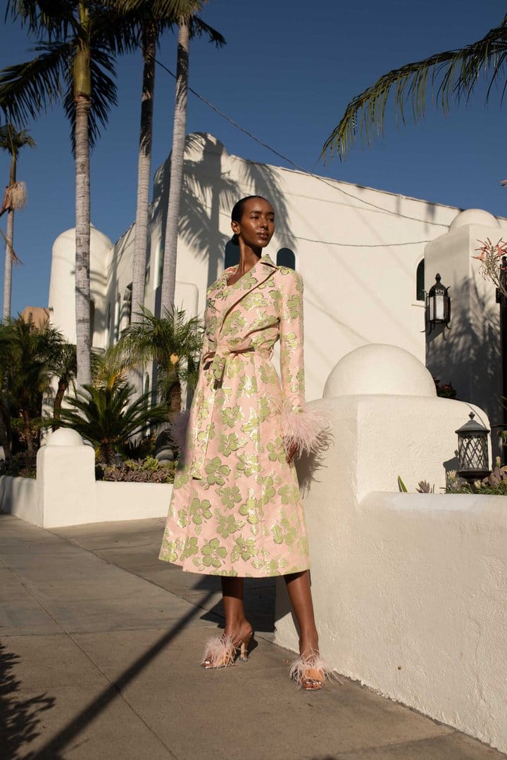 Pink Jacquard Coat №19 with detachable feather cuffs made by ANDREEVA