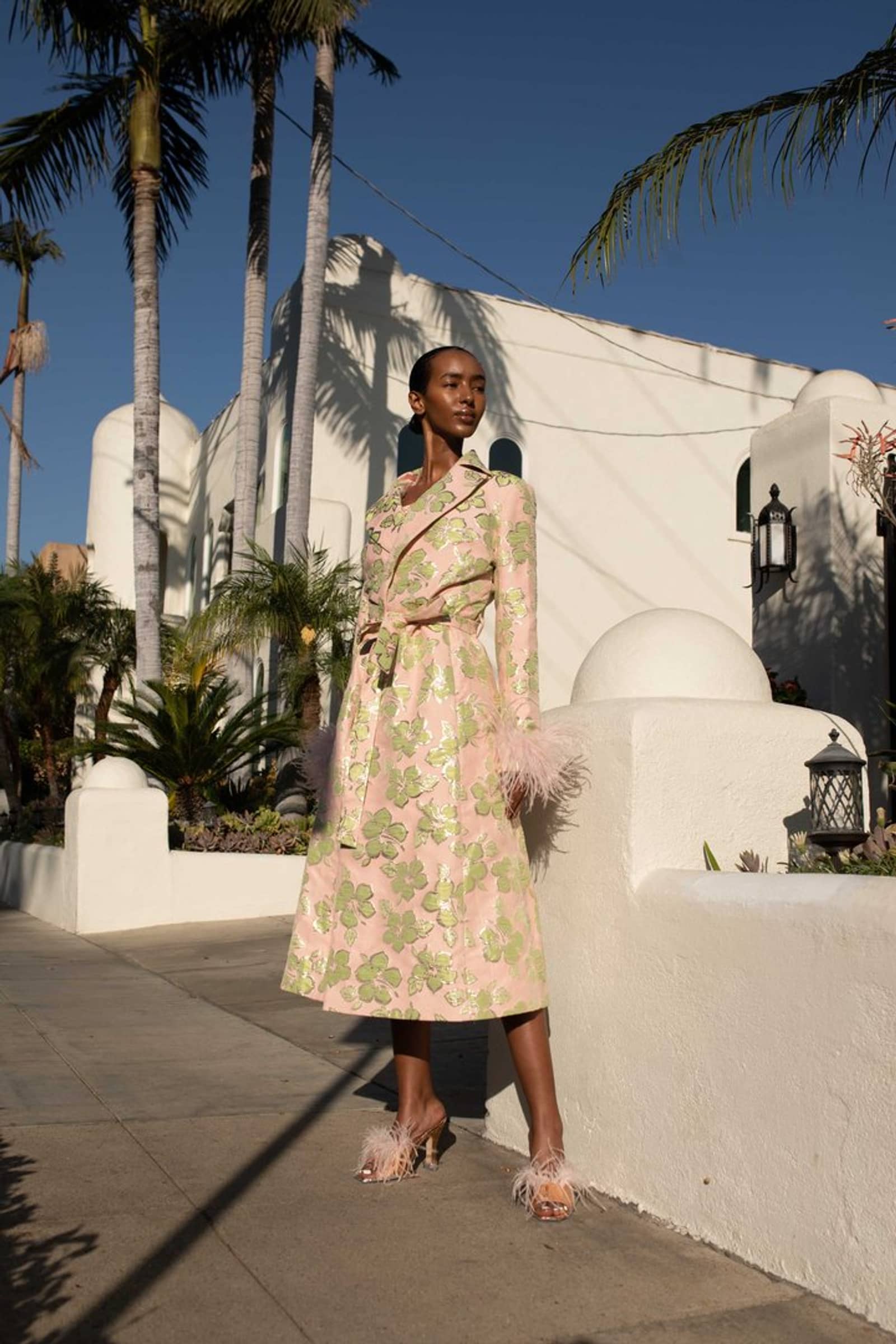 Pink Jacquard Coat №19 with detachable feather cuffs made by ANDREEVA