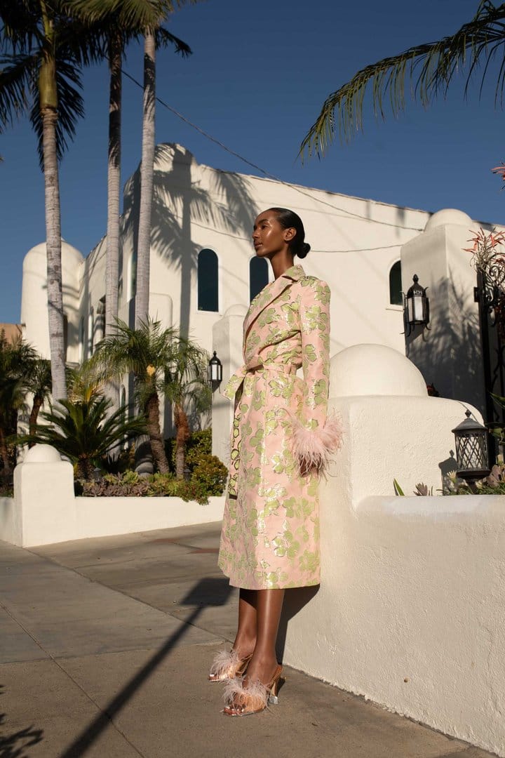 Pink Jacquard Coat №19 with detachable feather cuffs made by ANDREEVA