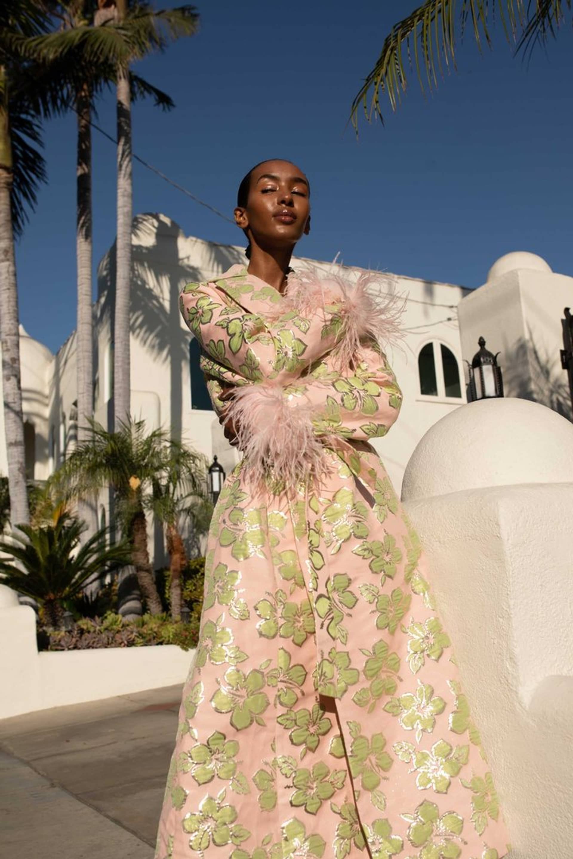 Pink Jacquard Coat №19 with detachable feather cuffs made by ANDREEVA