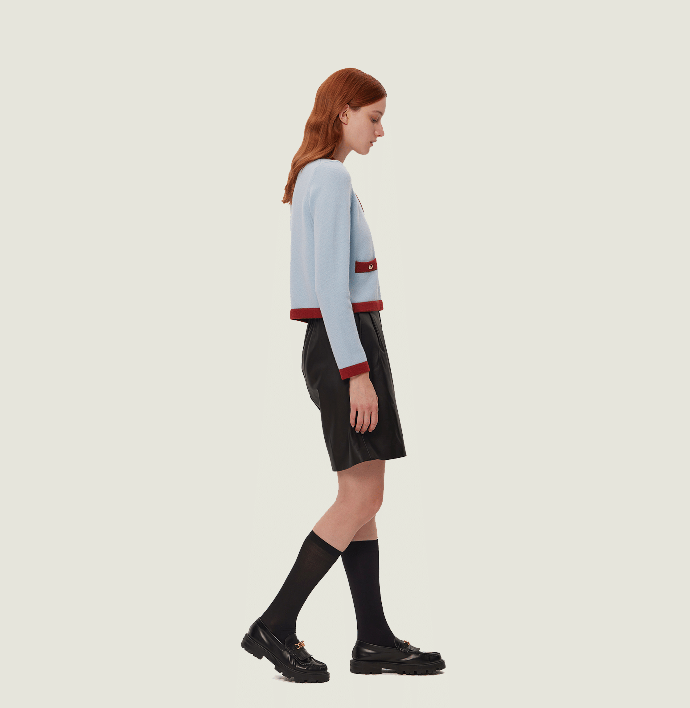 BUTTON-EMBELLISHED COLORBLOCKED CREWNECK SWEATER WITH POCKETS made by CRUSH Collection