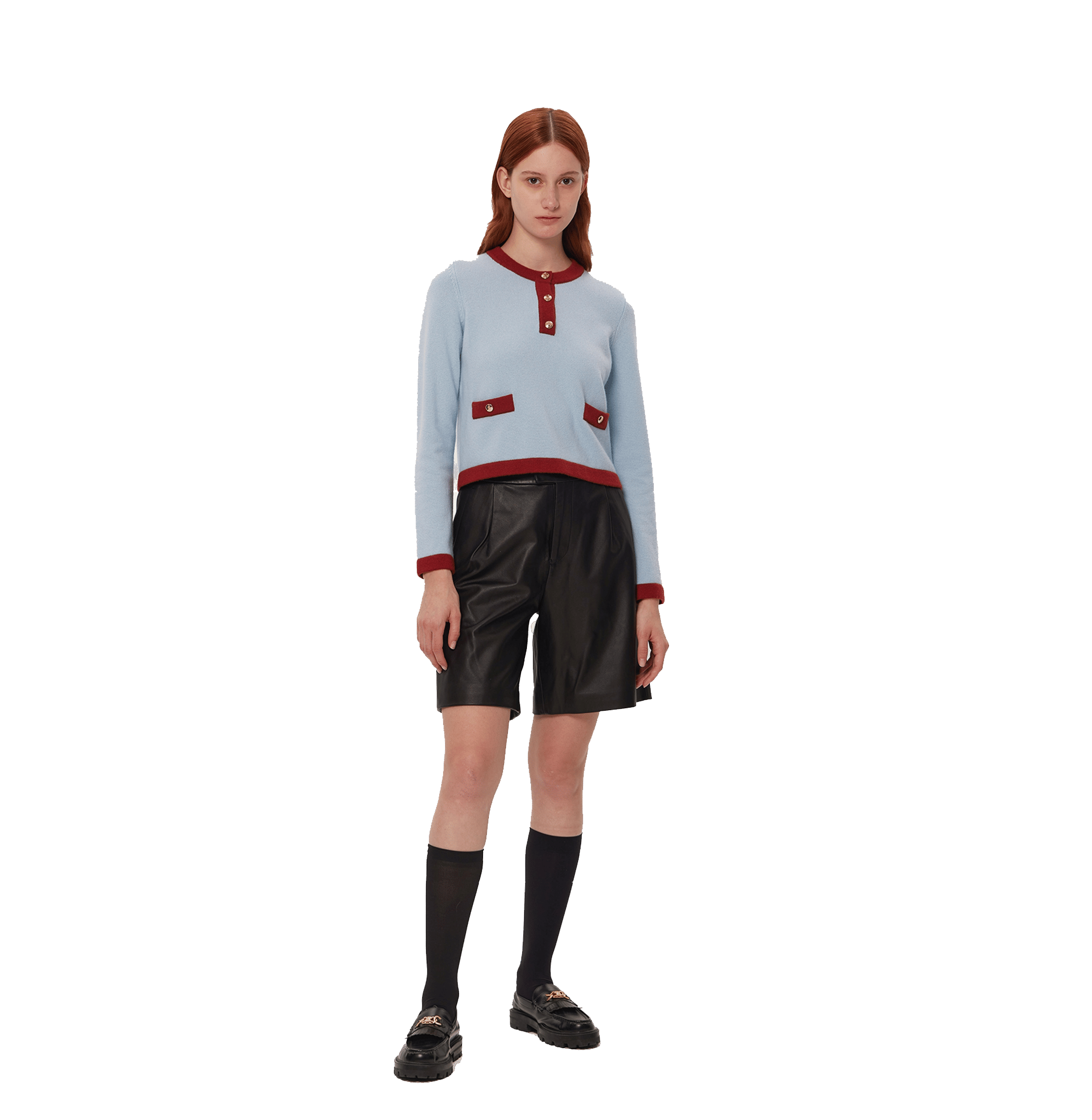 BUTTON-EMBELLISHED COLORBLOCKED CREWNECK SWEATER WITH POCKETS made by CRUSH Collection