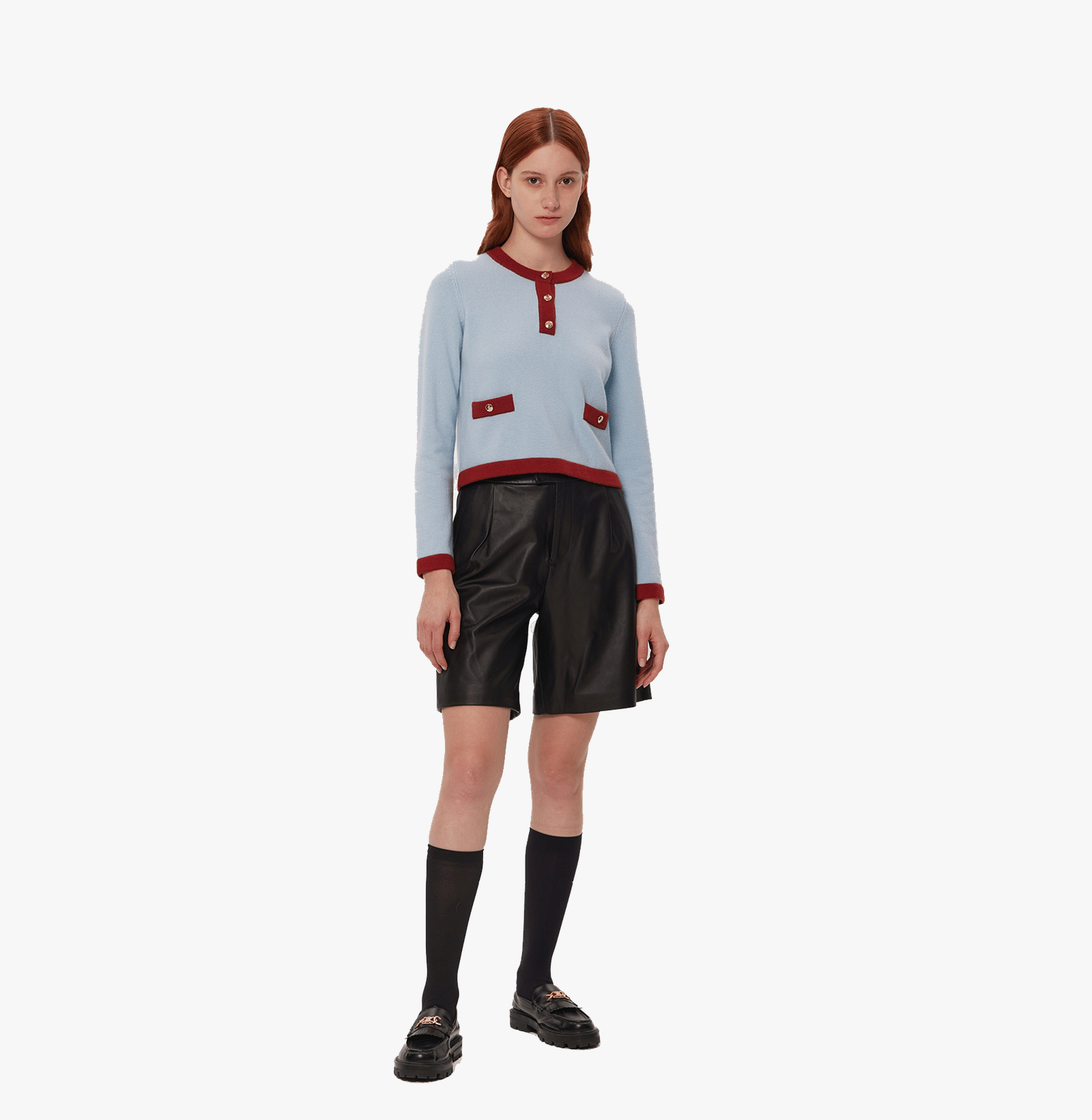BUTTON-EMBELLISHED COLORBLOCKED CREWNECK SWEATER WITH POCKETS made by CRUSH Collection