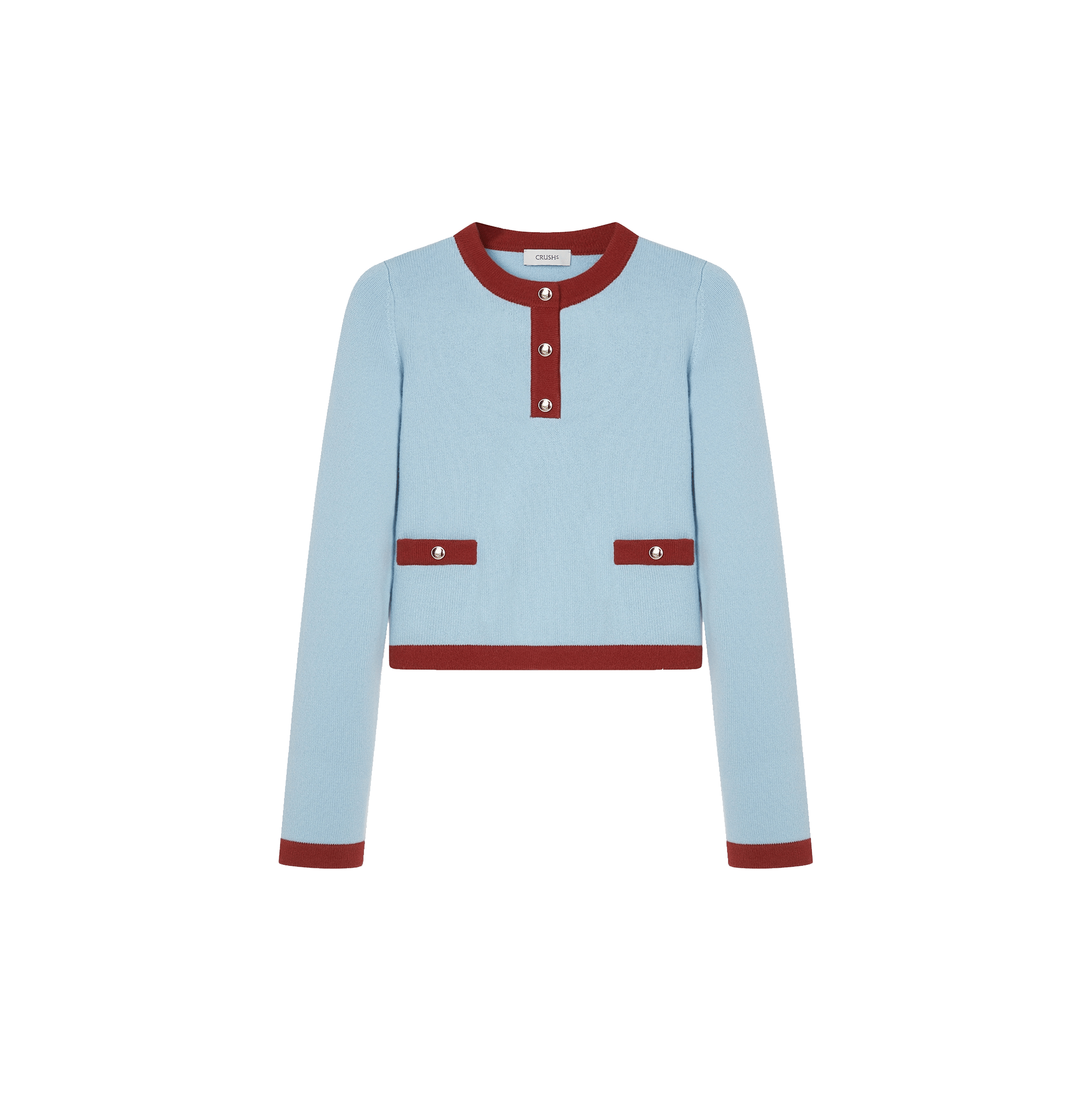 BUTTON-EMBELLISHED COLORBLOCKED CREWNECK SWEATER WITH POCKETS made by CRUSH Collection