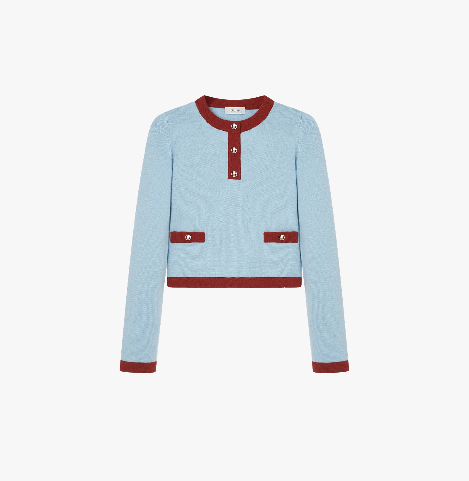 BUTTON-EMBELLISHED COLORBLOCKED CREWNECK SWEATER WITH POCKETS made by CRUSH Collection