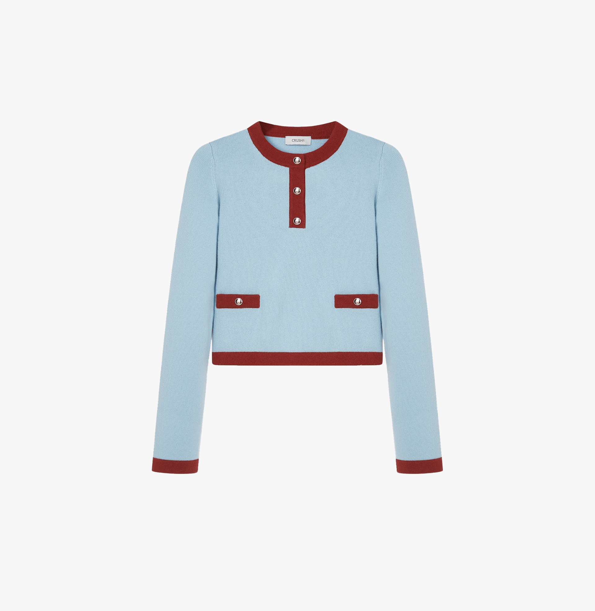 BUTTON-EMBELLISHED COLORBLOCKED CREWNECK SWEATER WITH POCKETS made by CRUSH Collection