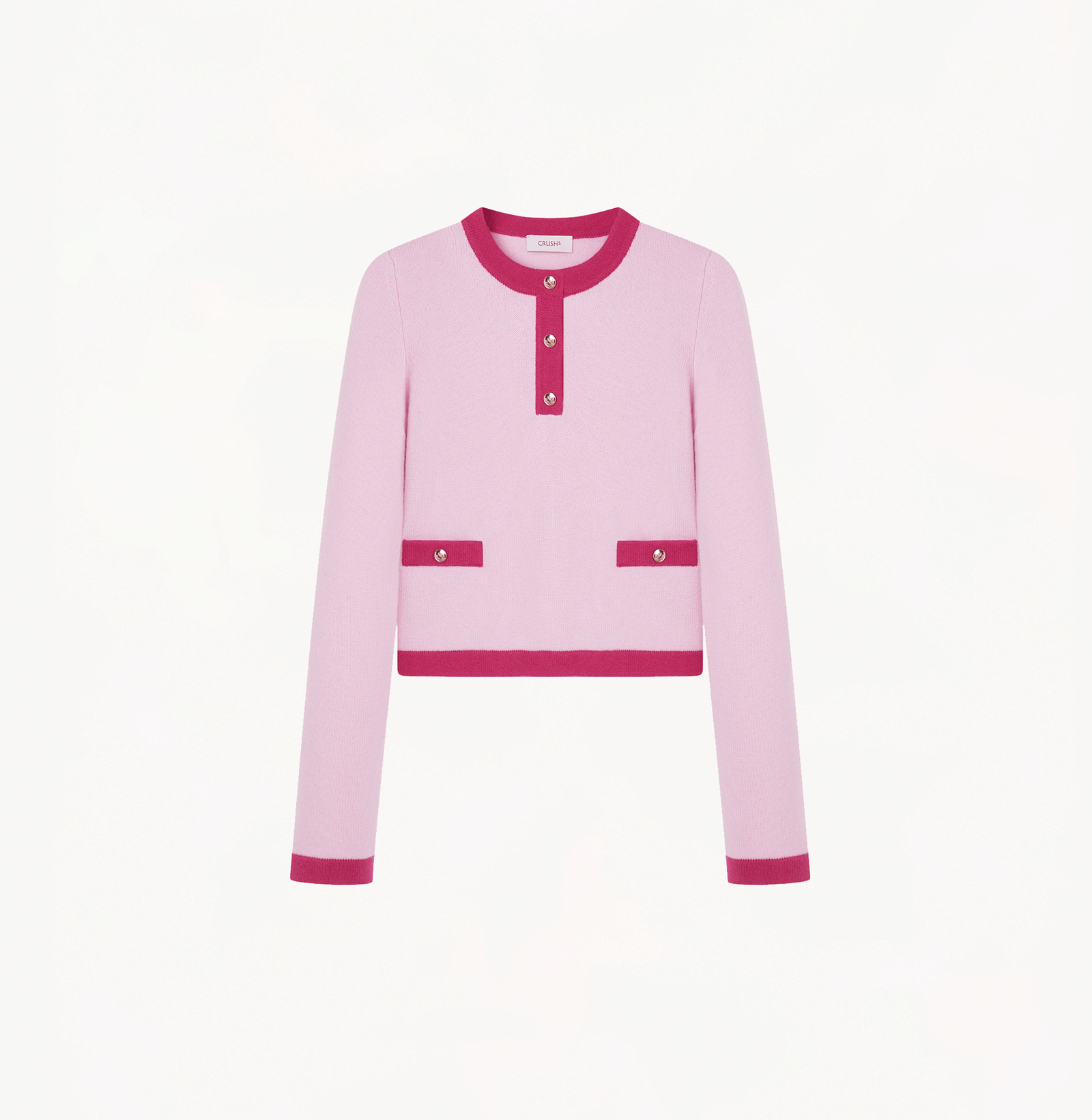 BUTTON-EMBELLISHED COLORBLOCKED CREWNECK SWEATER WITH POCKETS made by CRUSH Collection