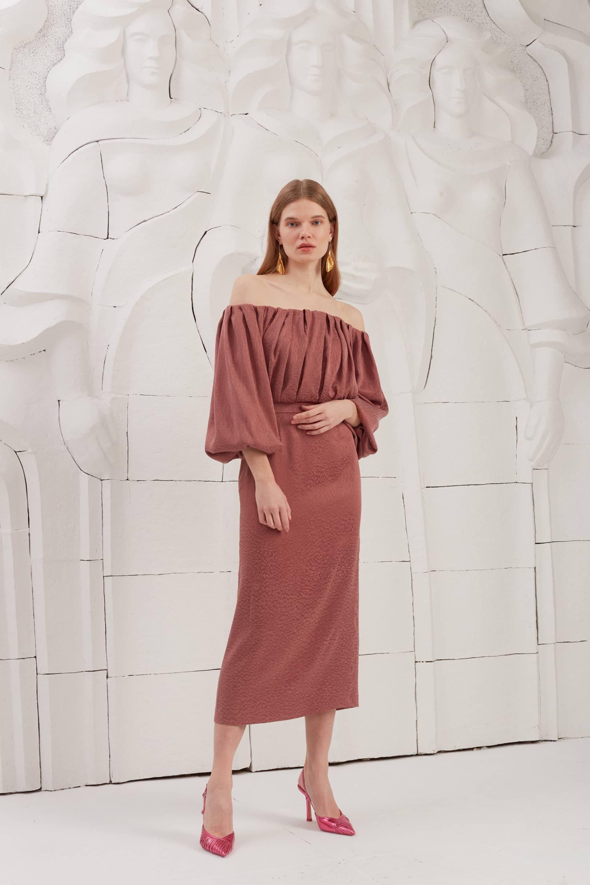 DELIA terracotta off shoulder midi dress made by UNDRESS