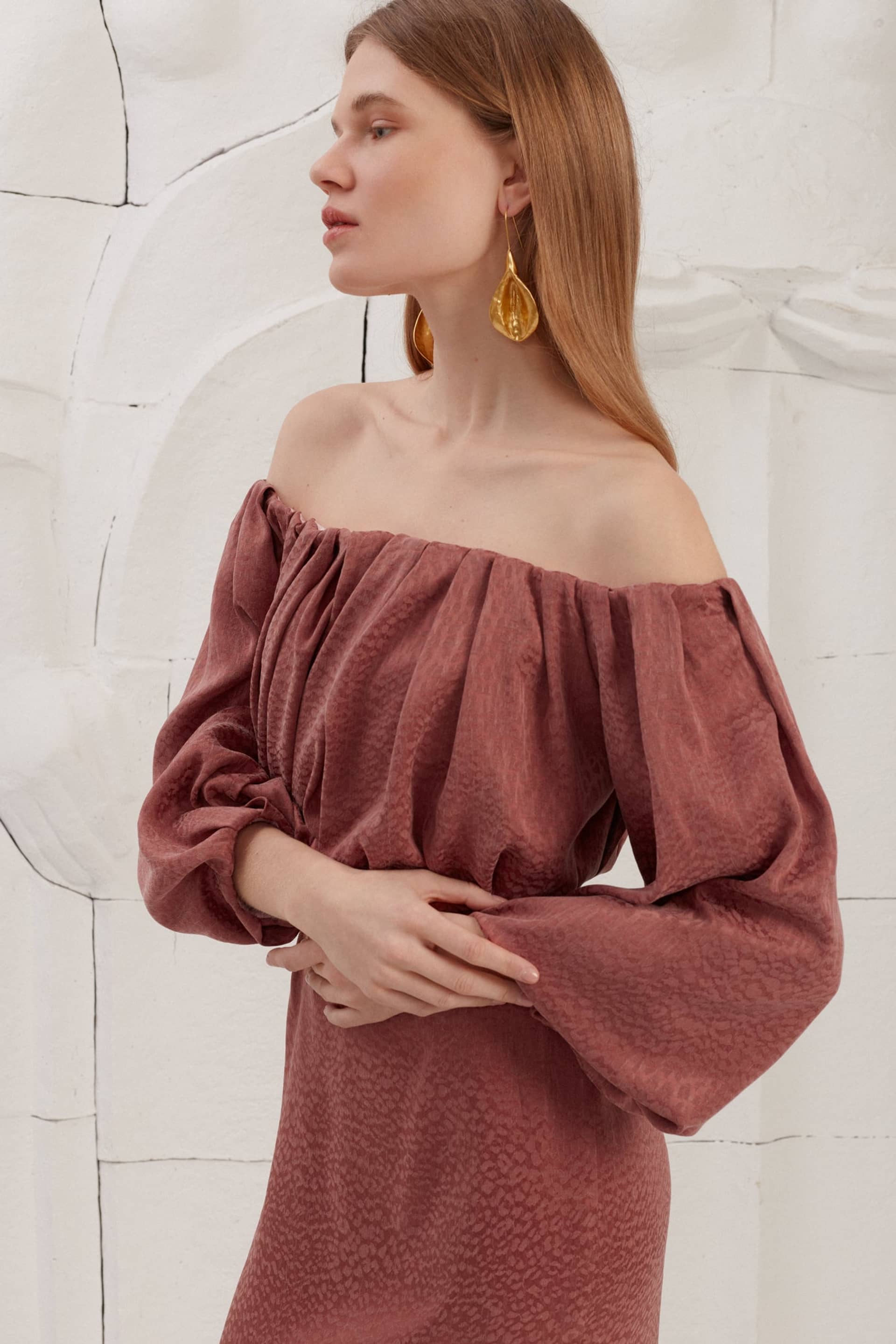 DELIA terracotta off shoulder midi dress made by UNDRESS