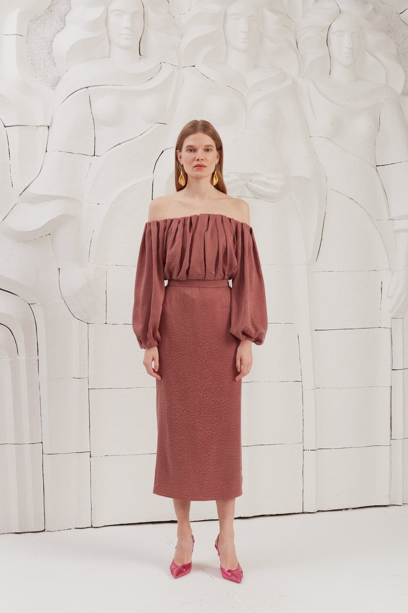 DELIA terracotta off shoulder midi dress made by UNDRESS