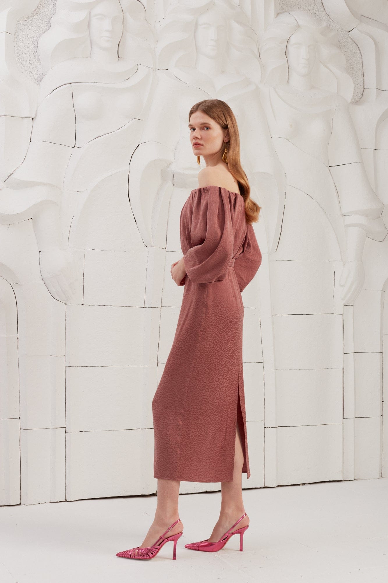 DELIA terracotta off shoulder midi dress made by UNDRESS