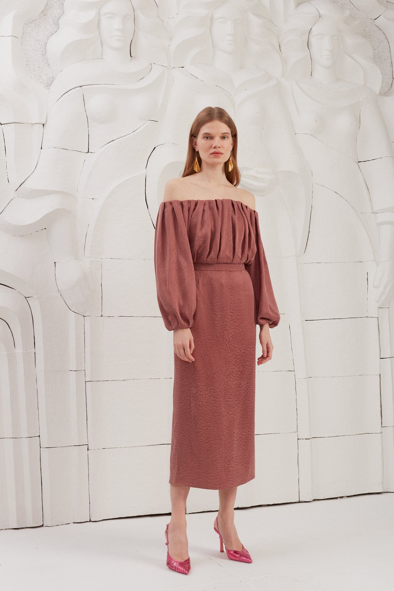 DELIA terracotta off shoulder midi dress made by UNDRESS