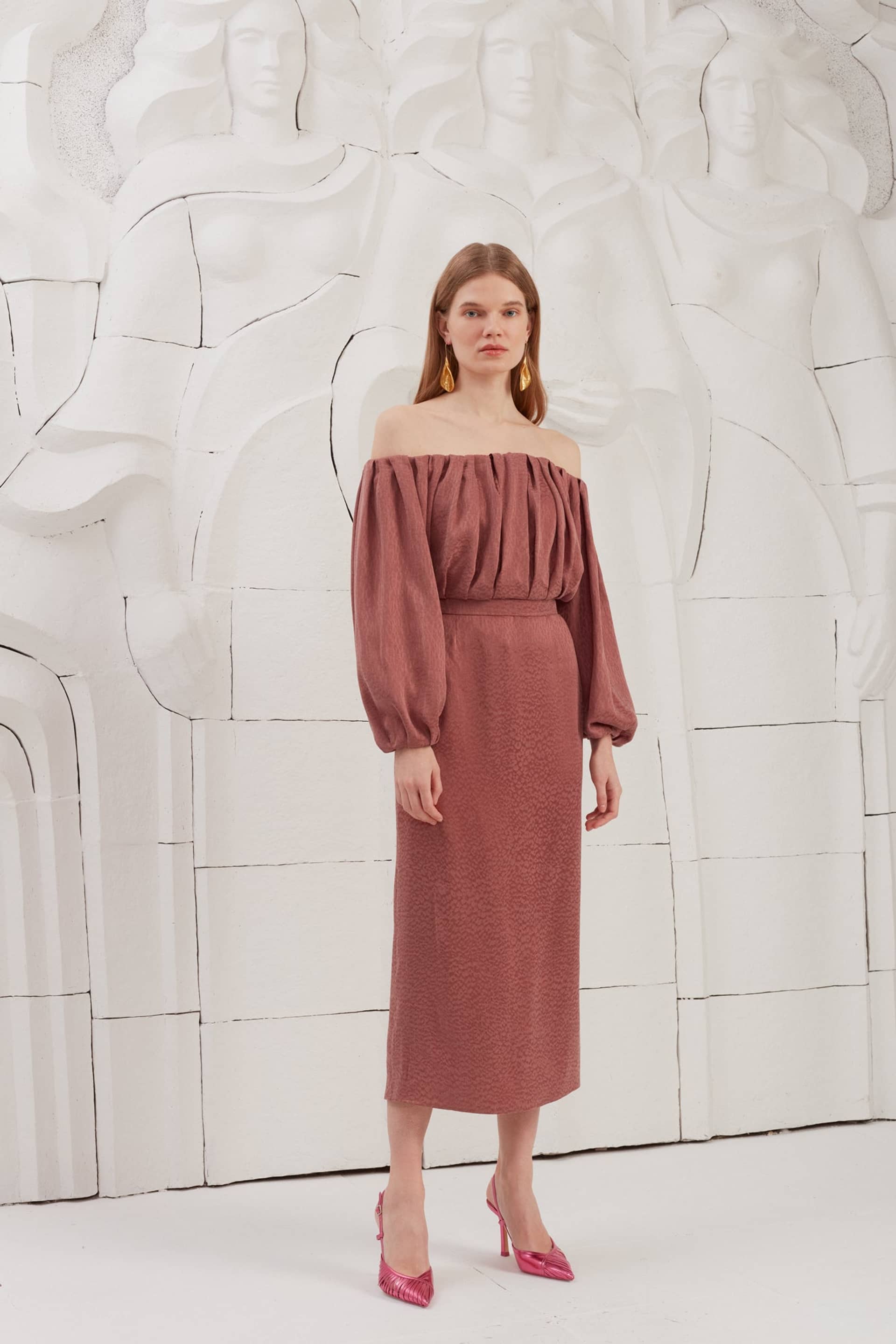 DELIA terracotta off shoulder midi dress made by UNDRESS