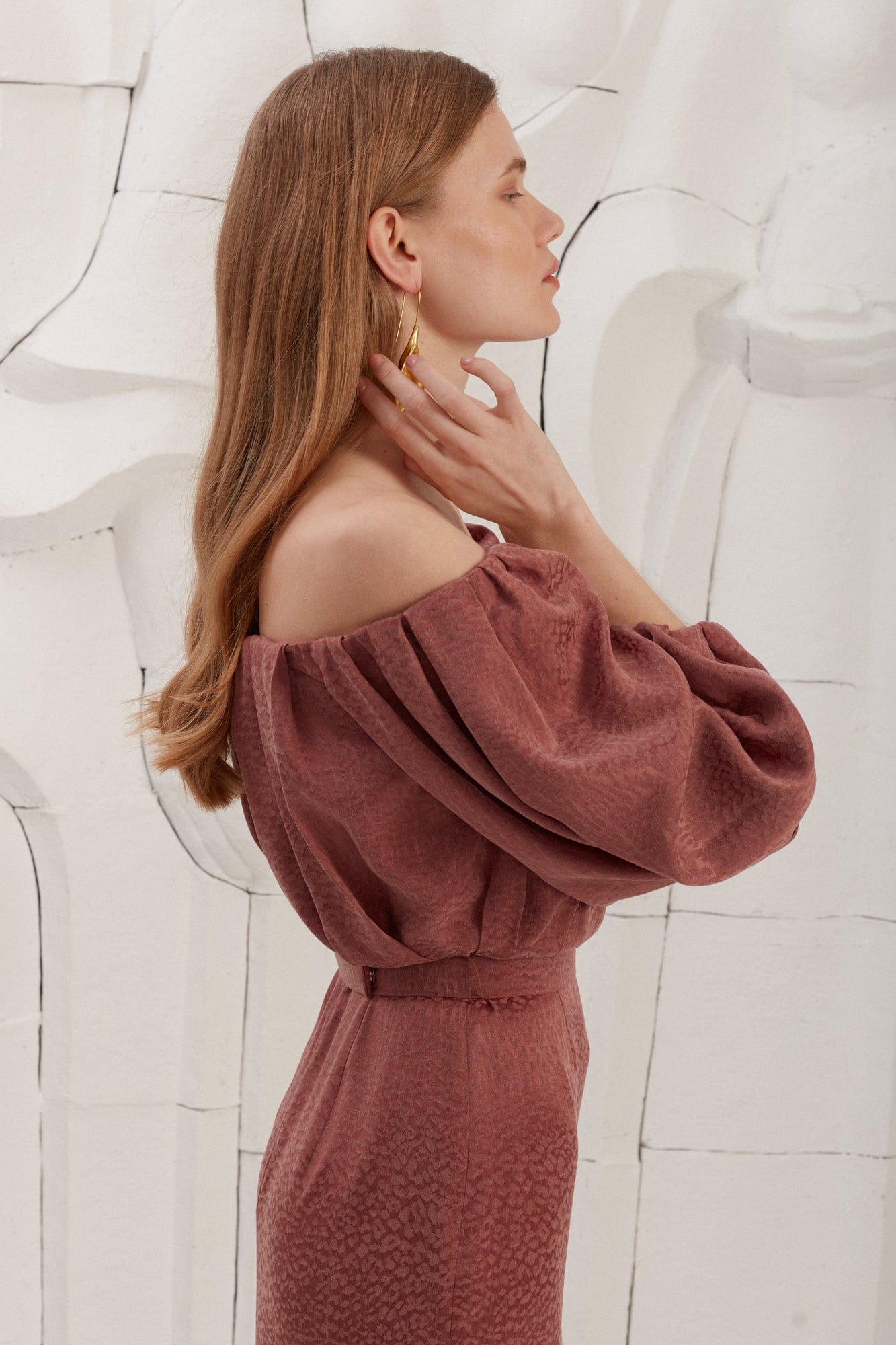 DELIA terracotta off shoulder midi dress made by UNDRESS