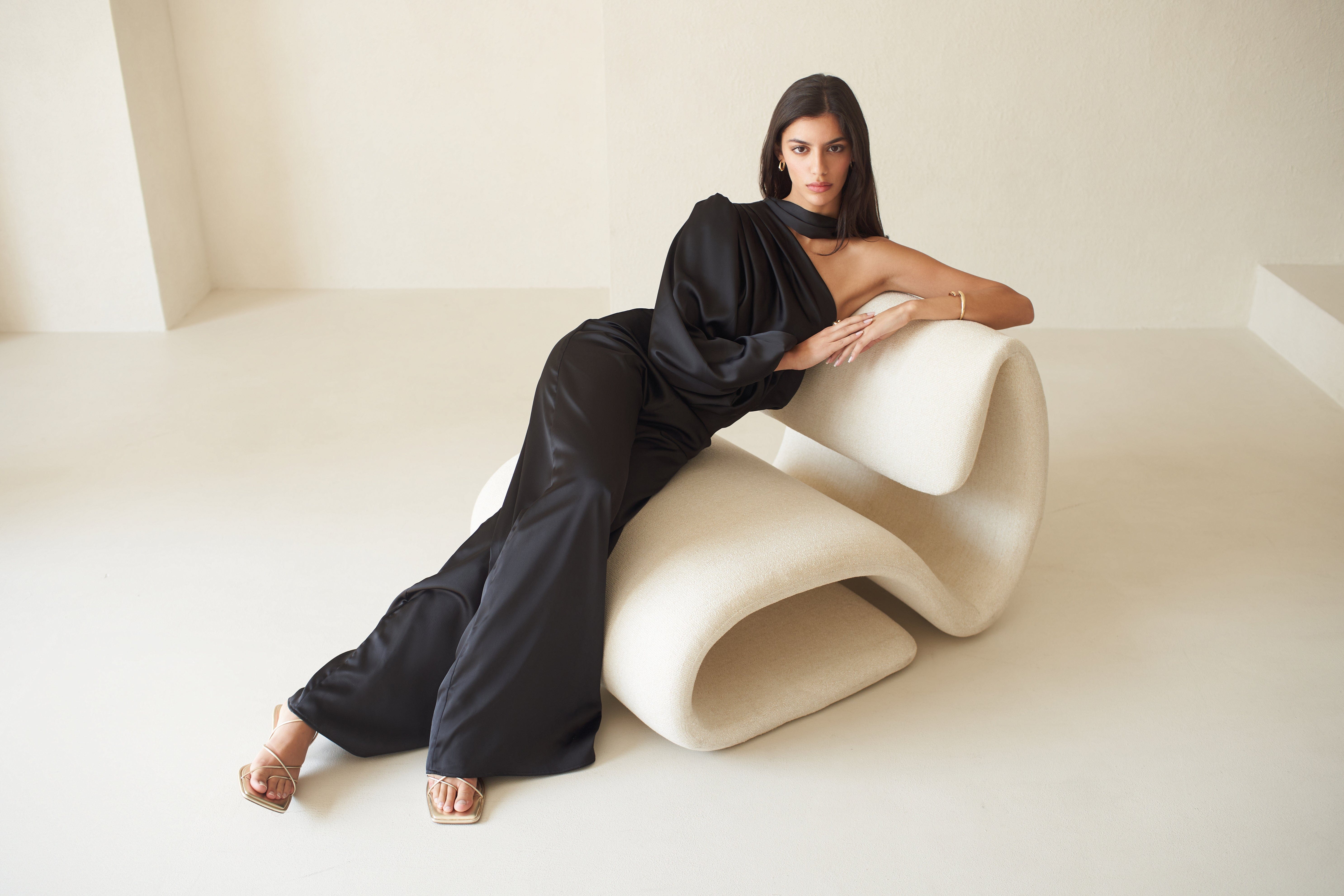 Amalia One Sleeve Satin Jumpsuit made by Vasiliki