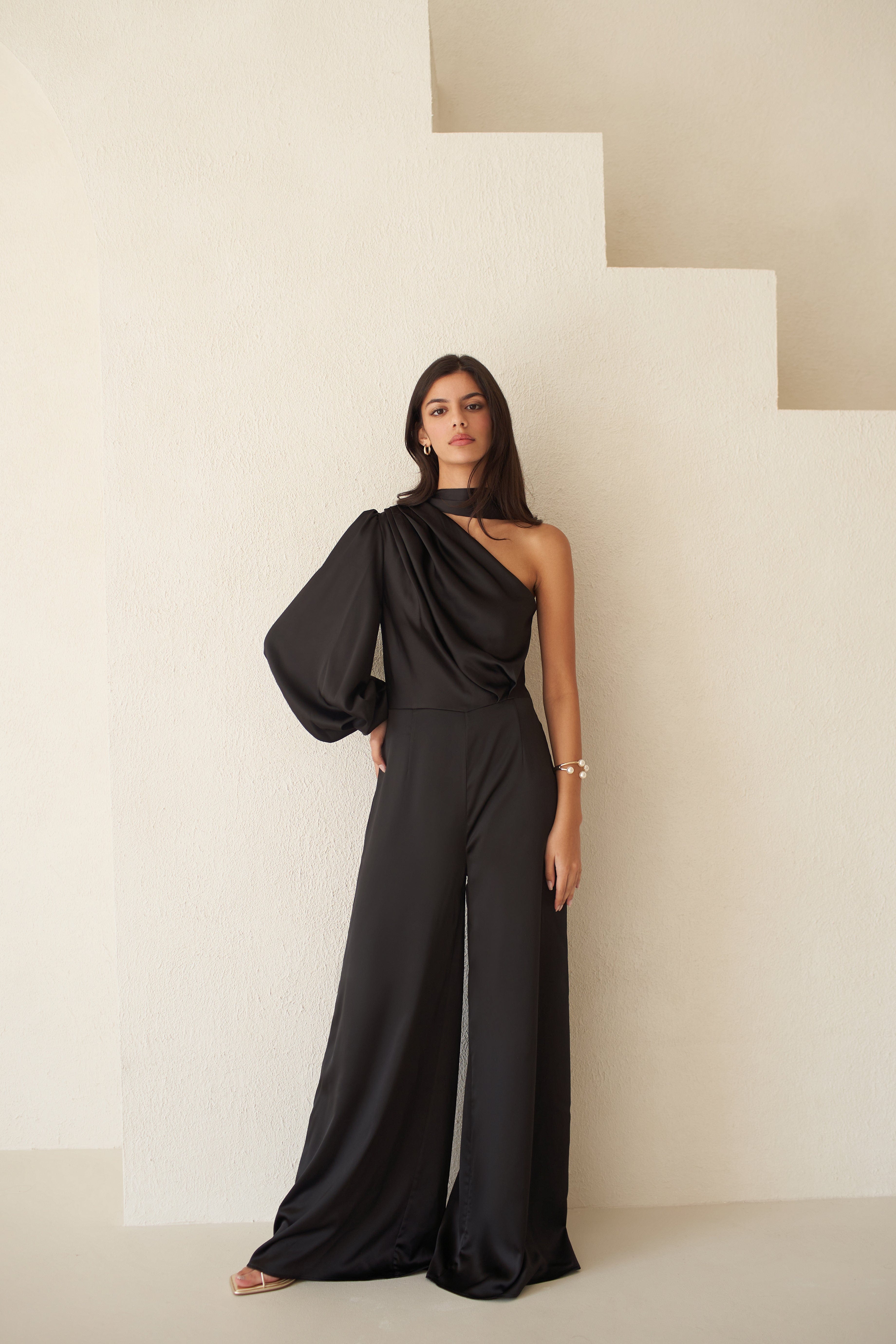 Amalia One Sleeve Satin Jumpsuit made by Vasiliki
