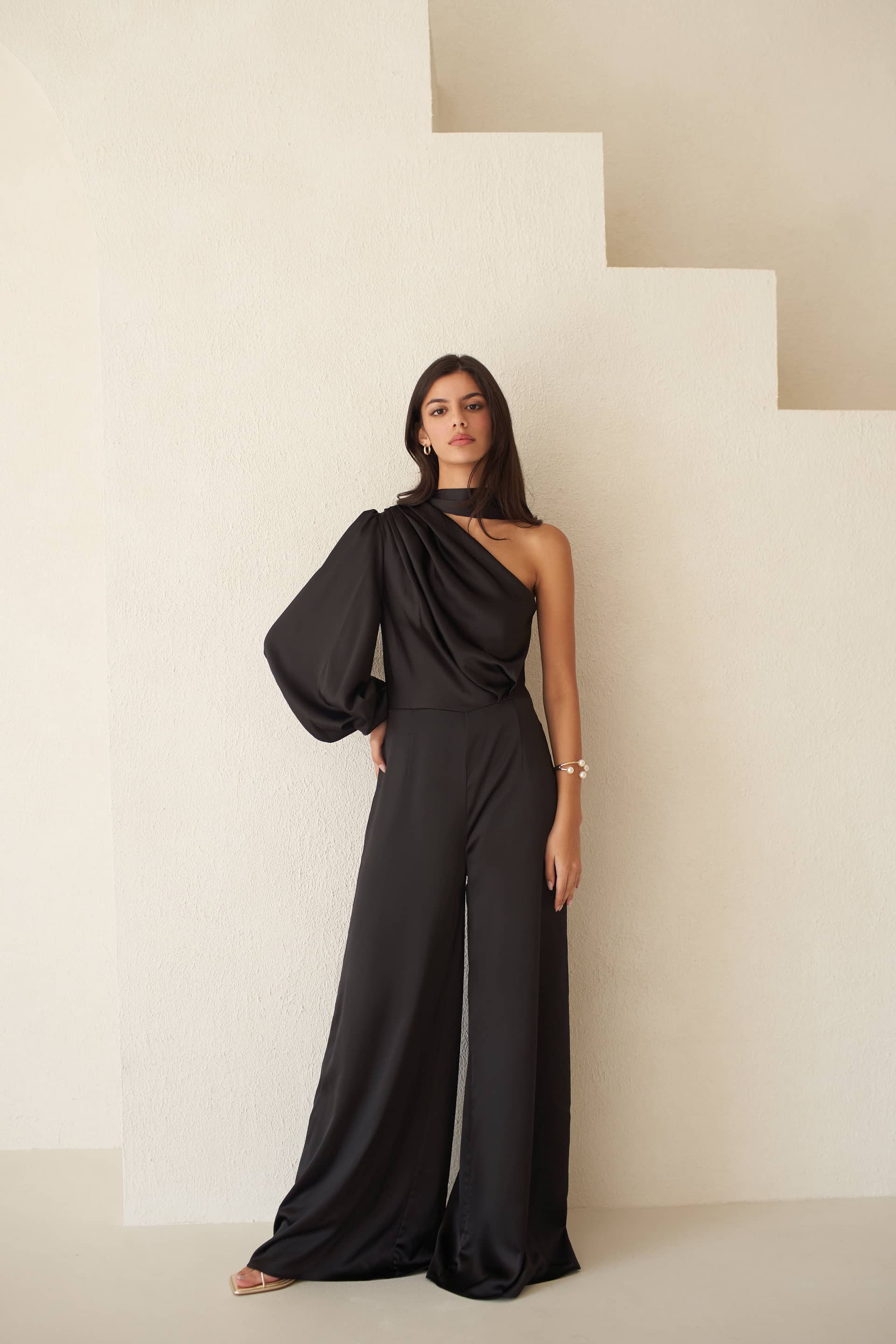 Amalia One Sleeve Satin Jumpsuit made by Vasiliki