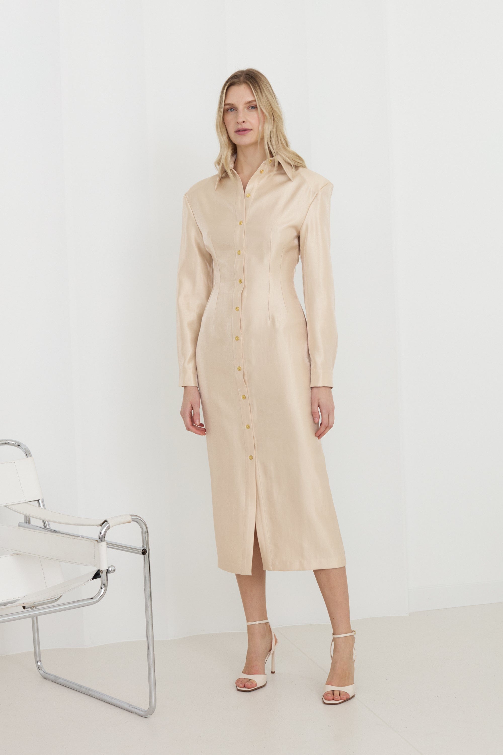 EDITH Pastel Fitted Midi Shirt Dress With Golden Buttons made by UNDRESS