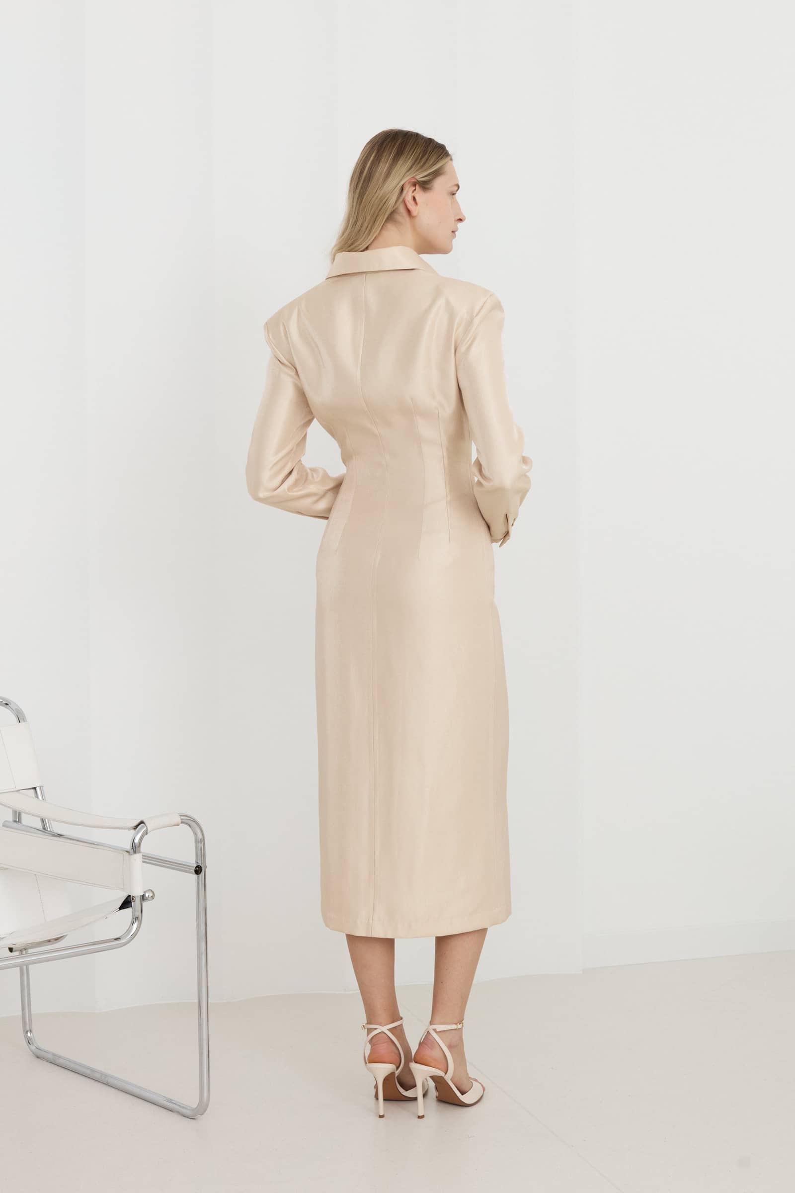 EDITH Pastel Fitted Midi Shirt Dress With Golden Buttons made by UNDRESS