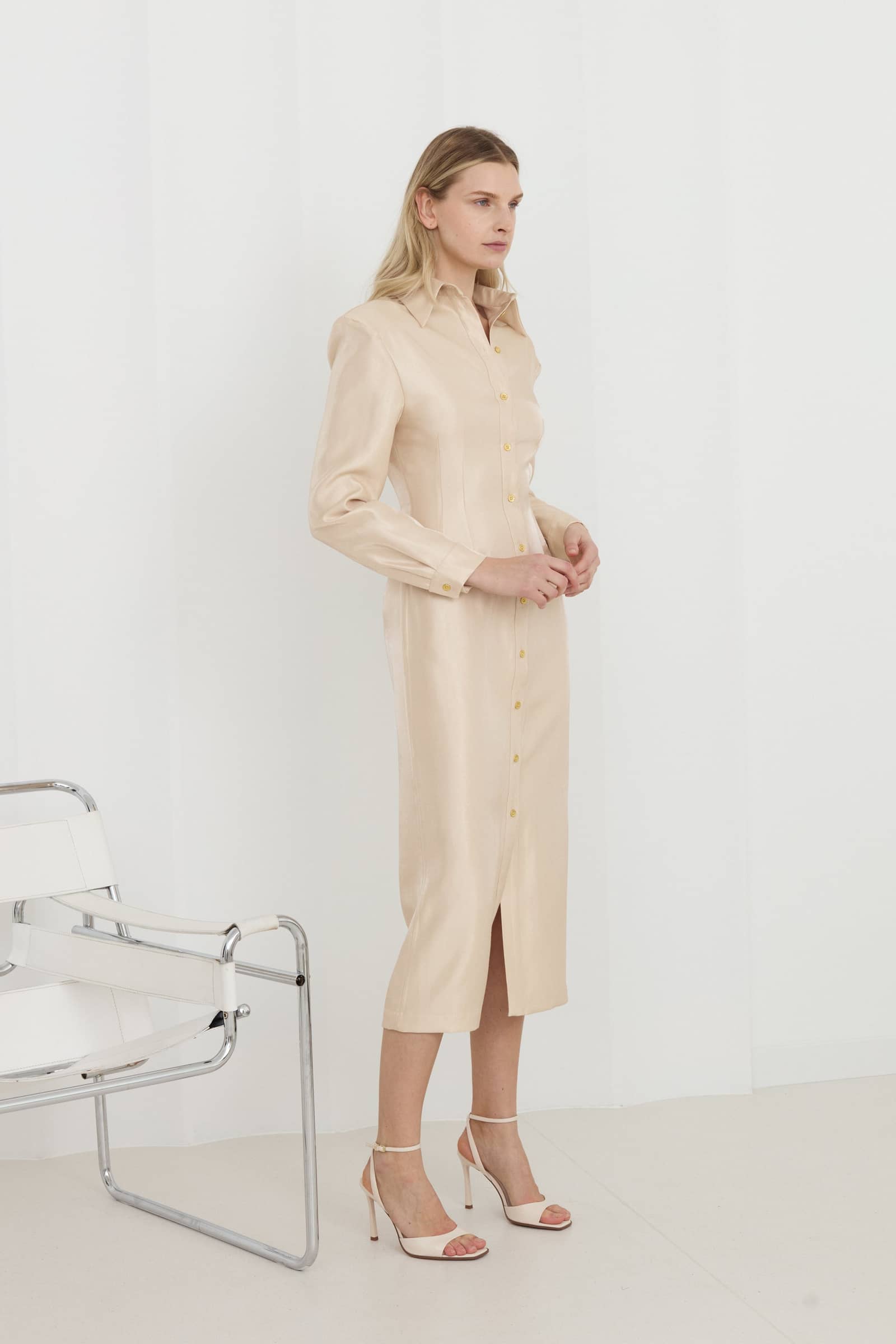 EDITH Pastel Fitted Midi Shirt Dress With Golden Buttons made by UNDRESS