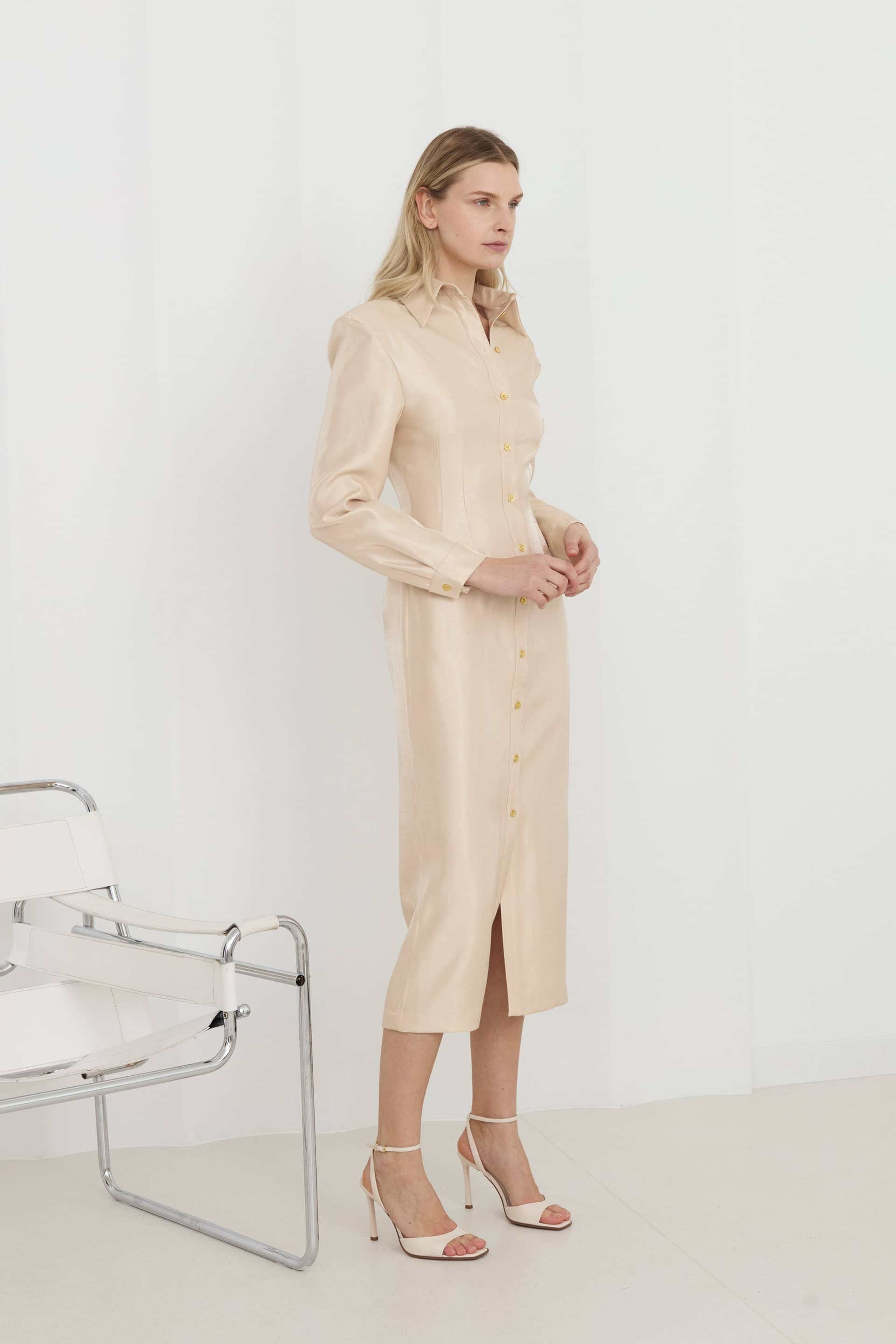 EDITH Pastel Fitted Midi Shirt Dress With Golden Buttons made by UNDRESS