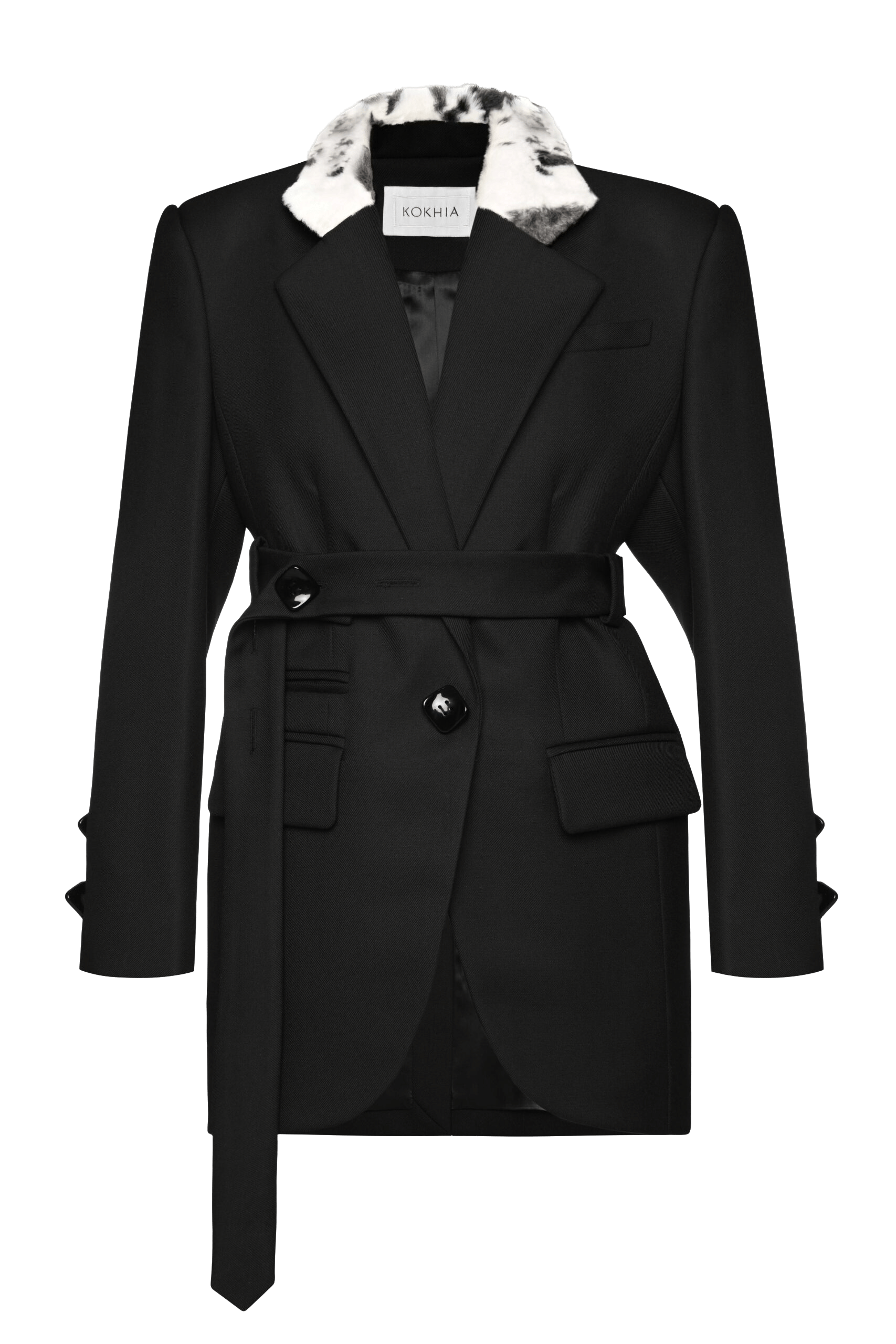 Belted blazer with faux fur collar made by Maria Kokhia