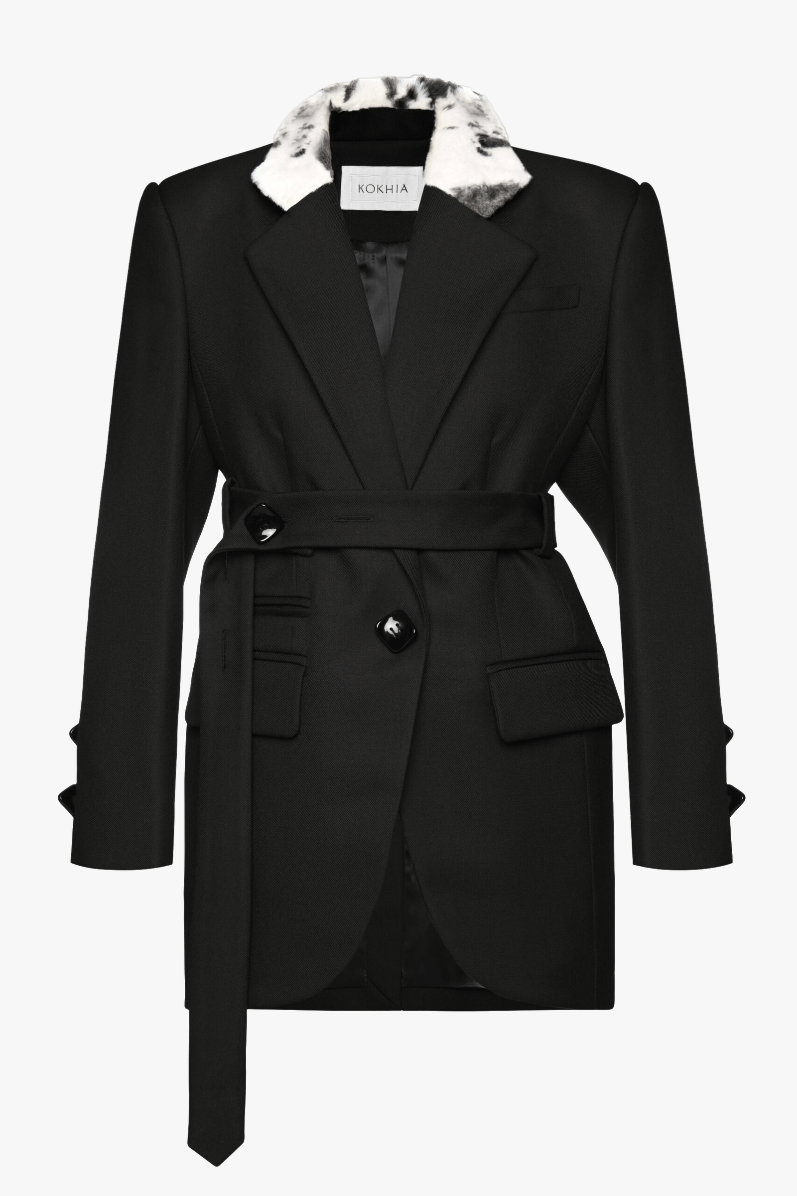 Belted blazer with faux fur collar made by Maria Kokhia