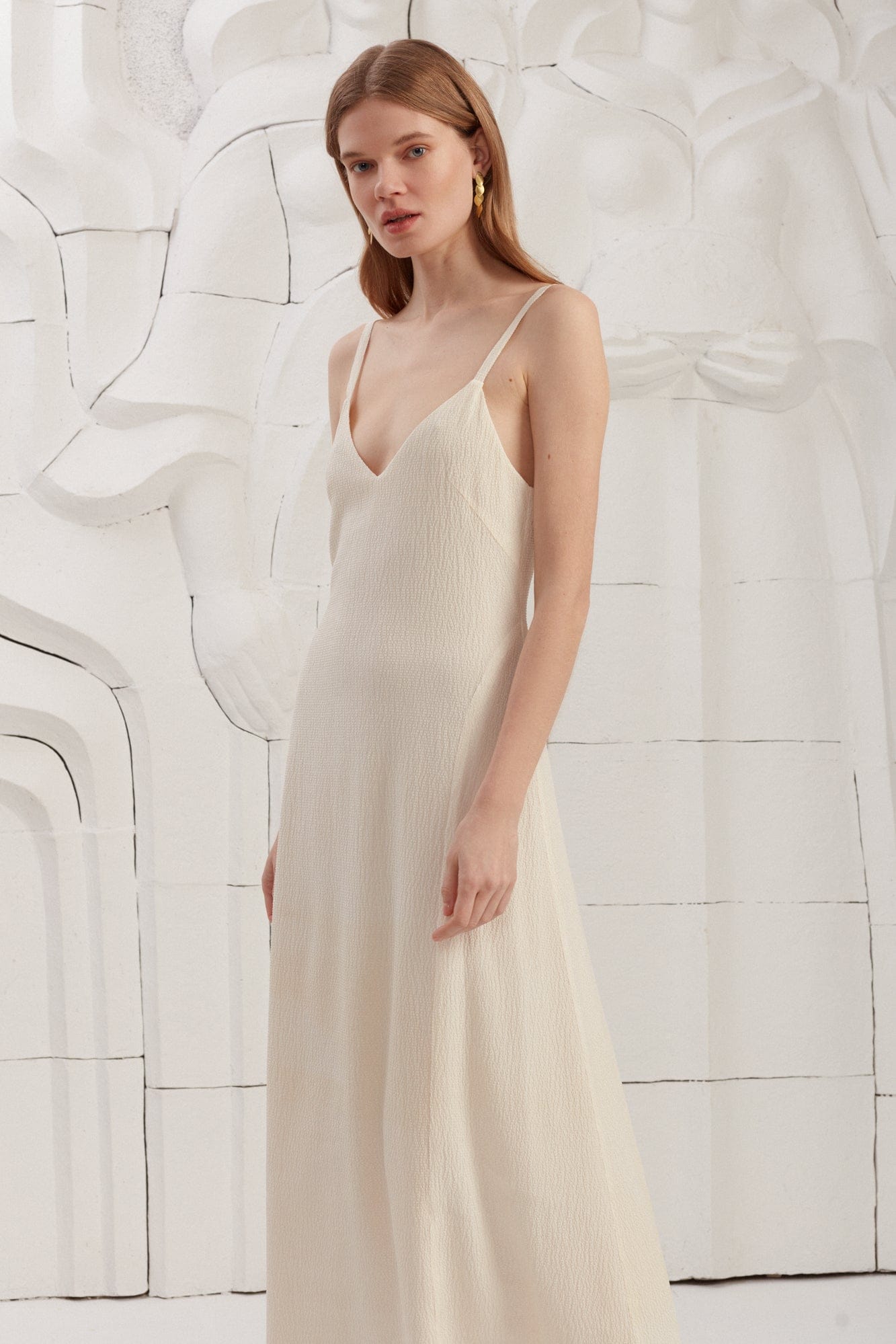 INES textured silk open back maxi dress made by UNDRESS