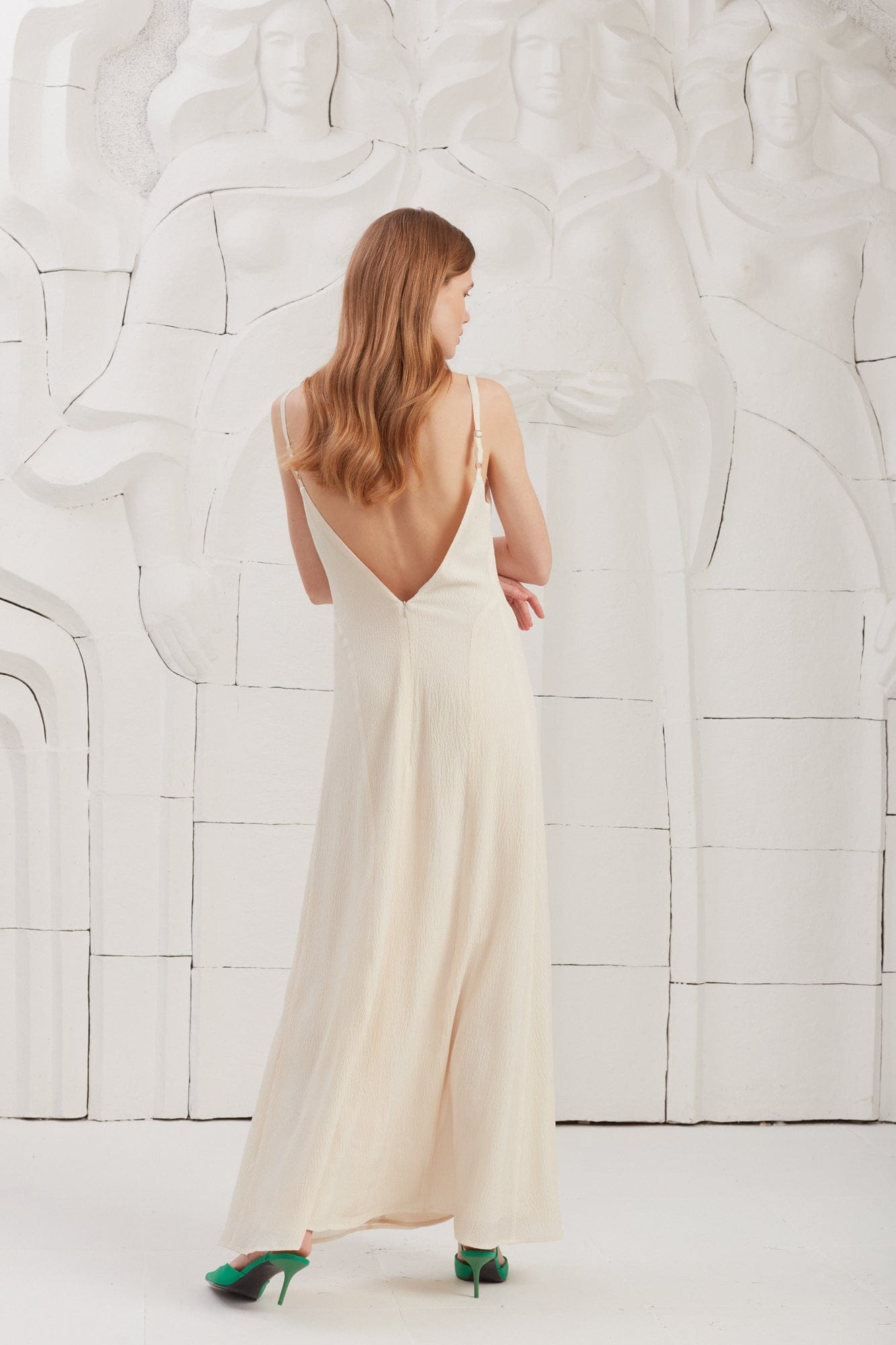 INES textured silk open back maxi dress made by UNDRESS